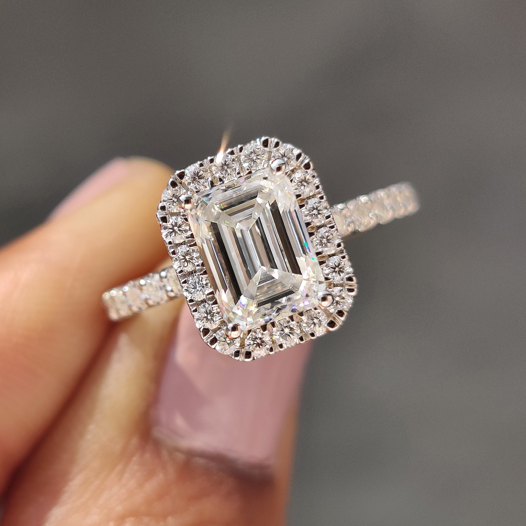 White Gold Emerald Cut Halo Ring In Pave Band - Main Image