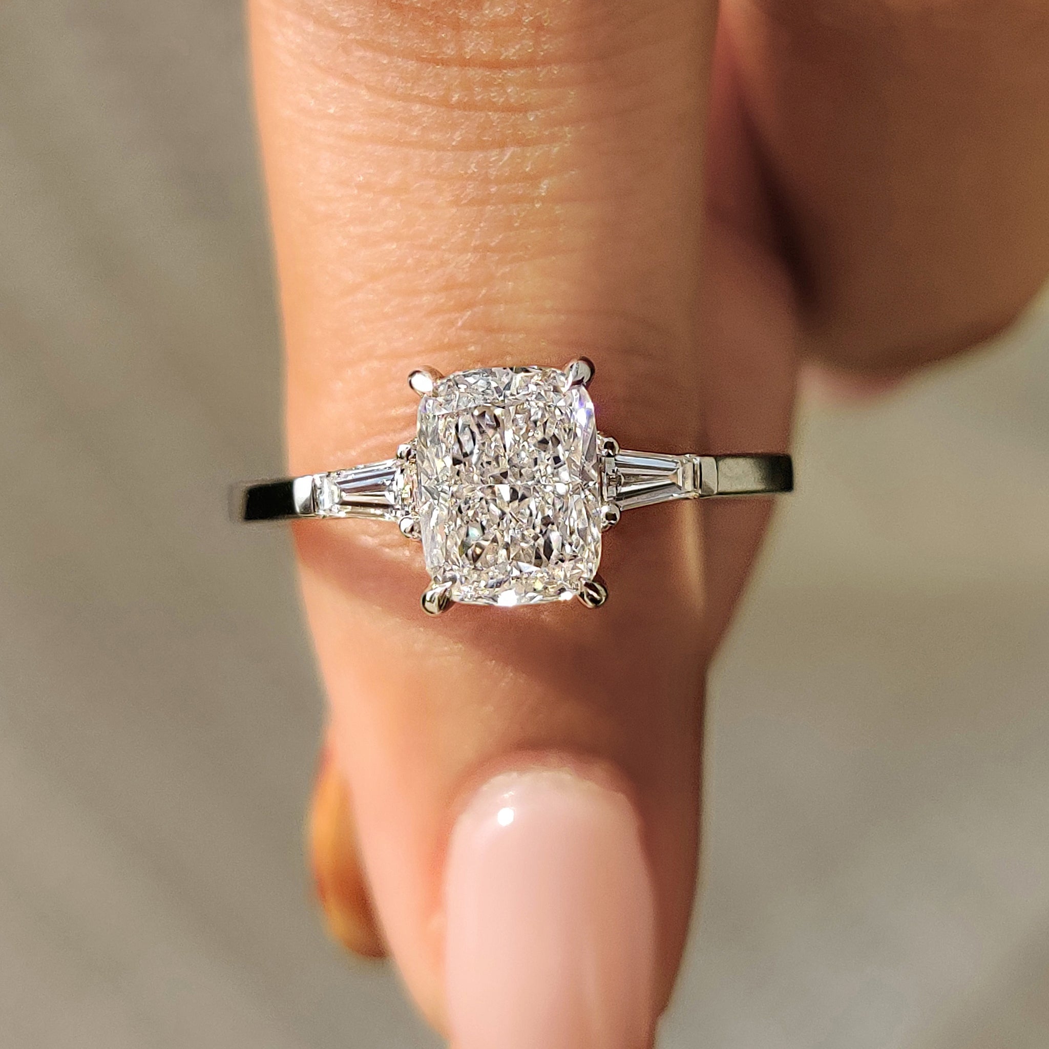 Stone Engagement Ring With Cushion And Tapered Baguette Cut Stone