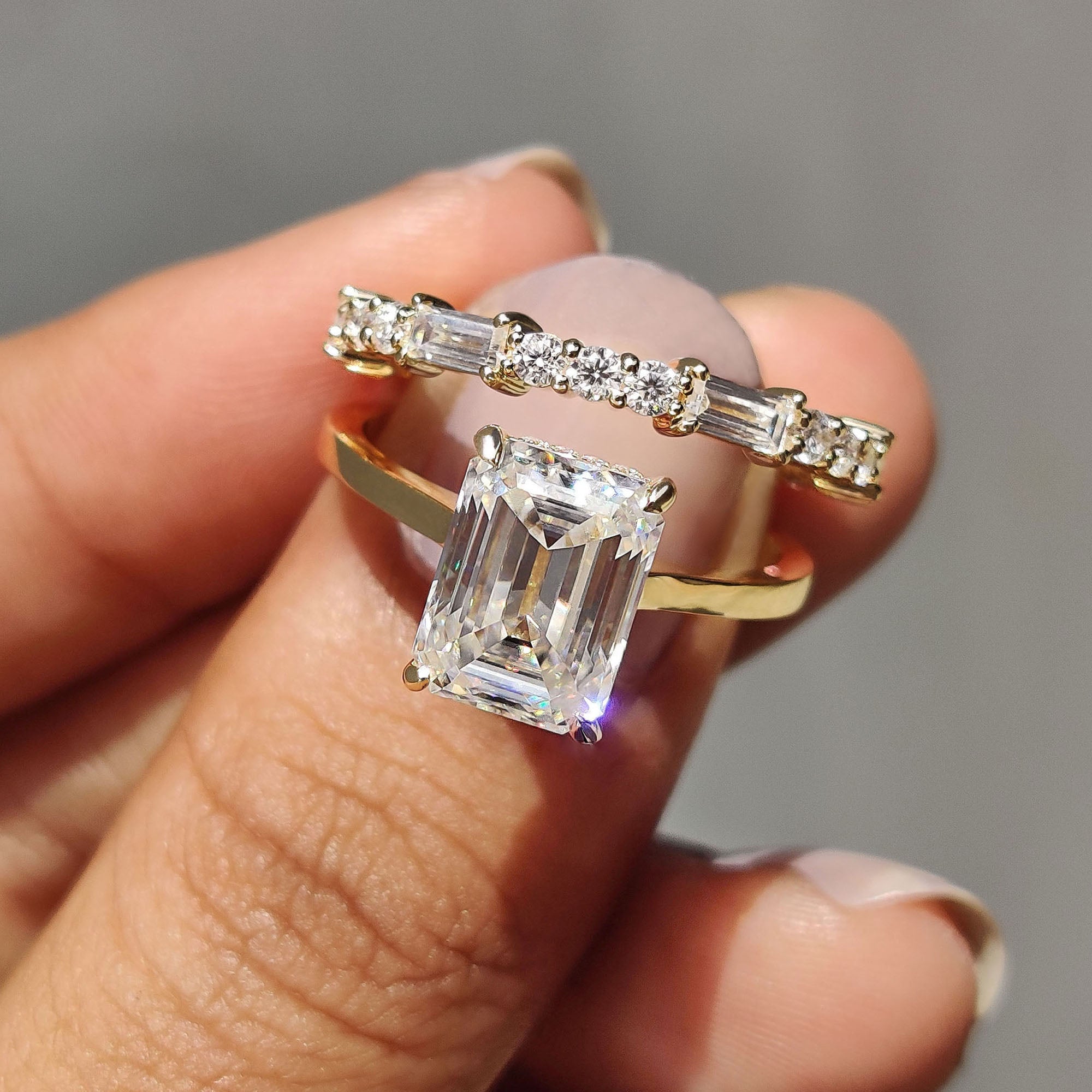 Emerald Cut Engagement Ring With Eternity Band In Yellow Gold