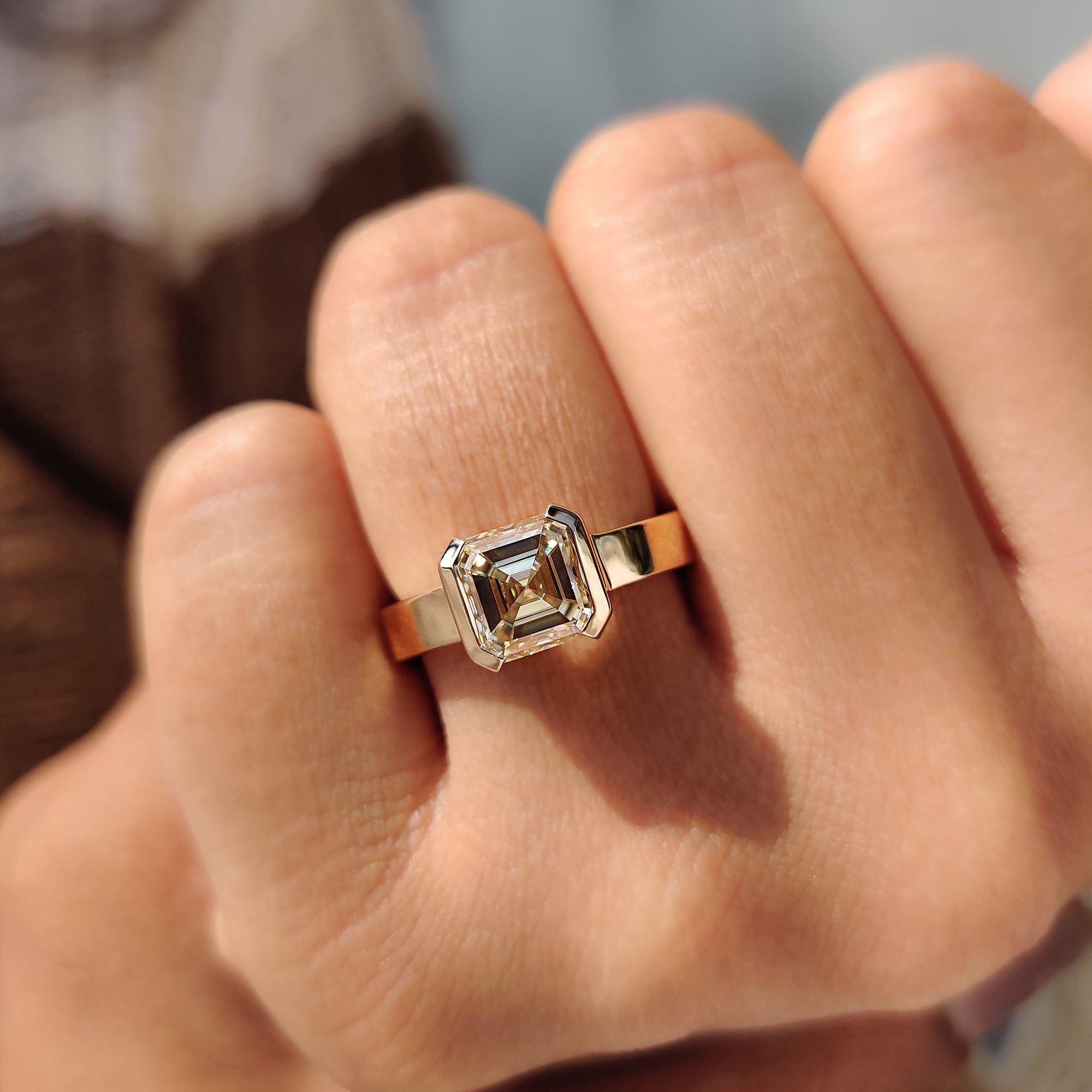 Proposal ring with Asscher cut Moissanite in yellow gold