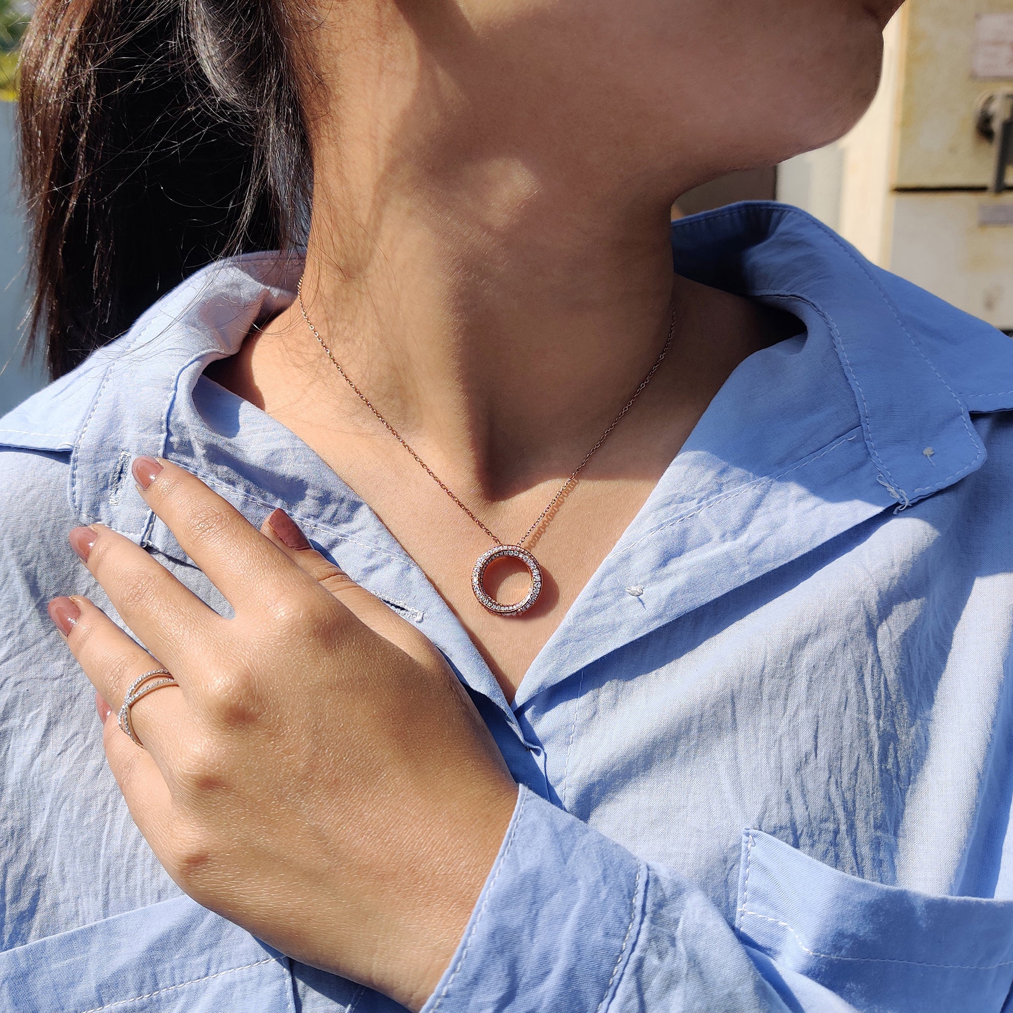 Pendant for women styled with Twisted Circle Pendant and handmade jewelry.
