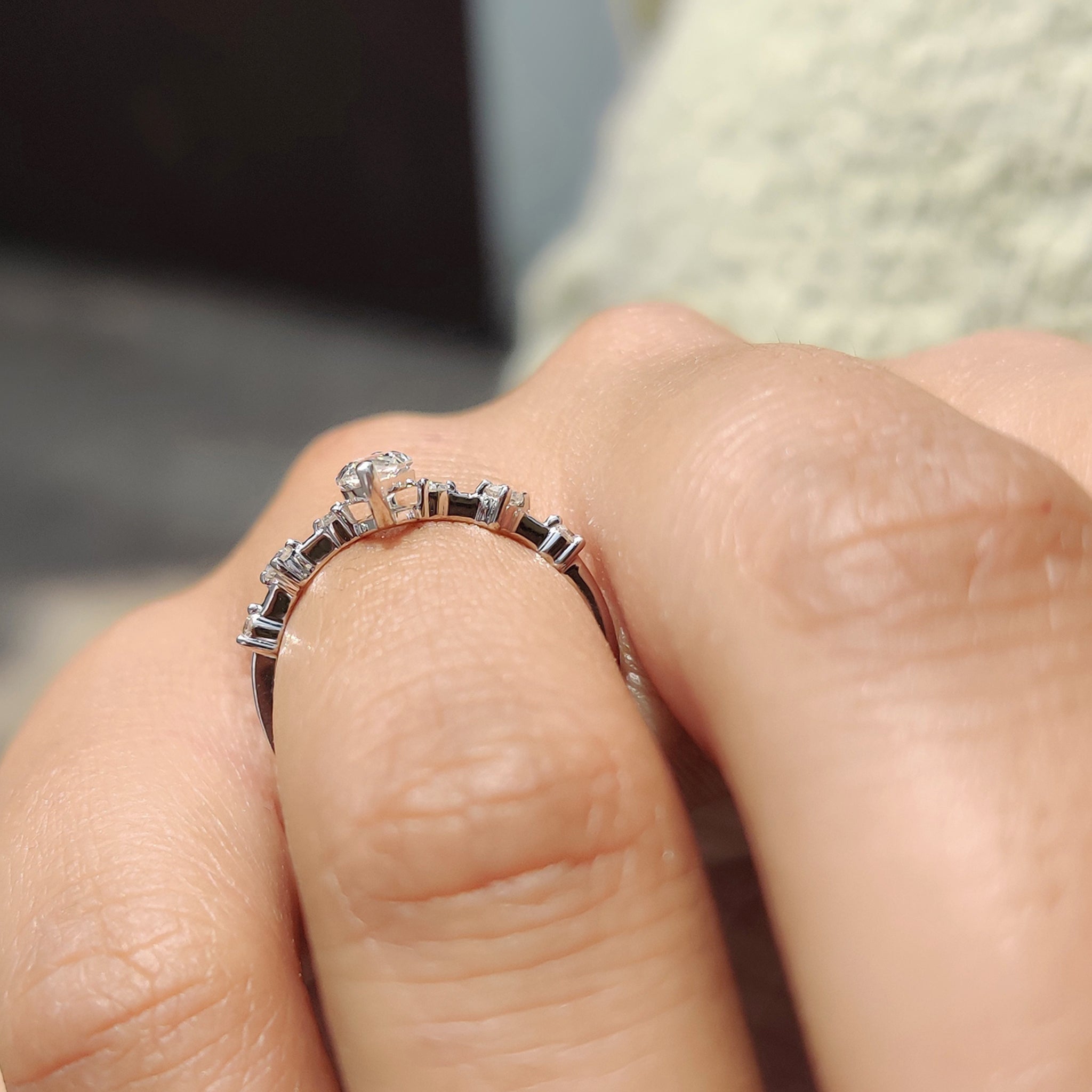 Moissanite engagement ring shines with pure joyful fire.