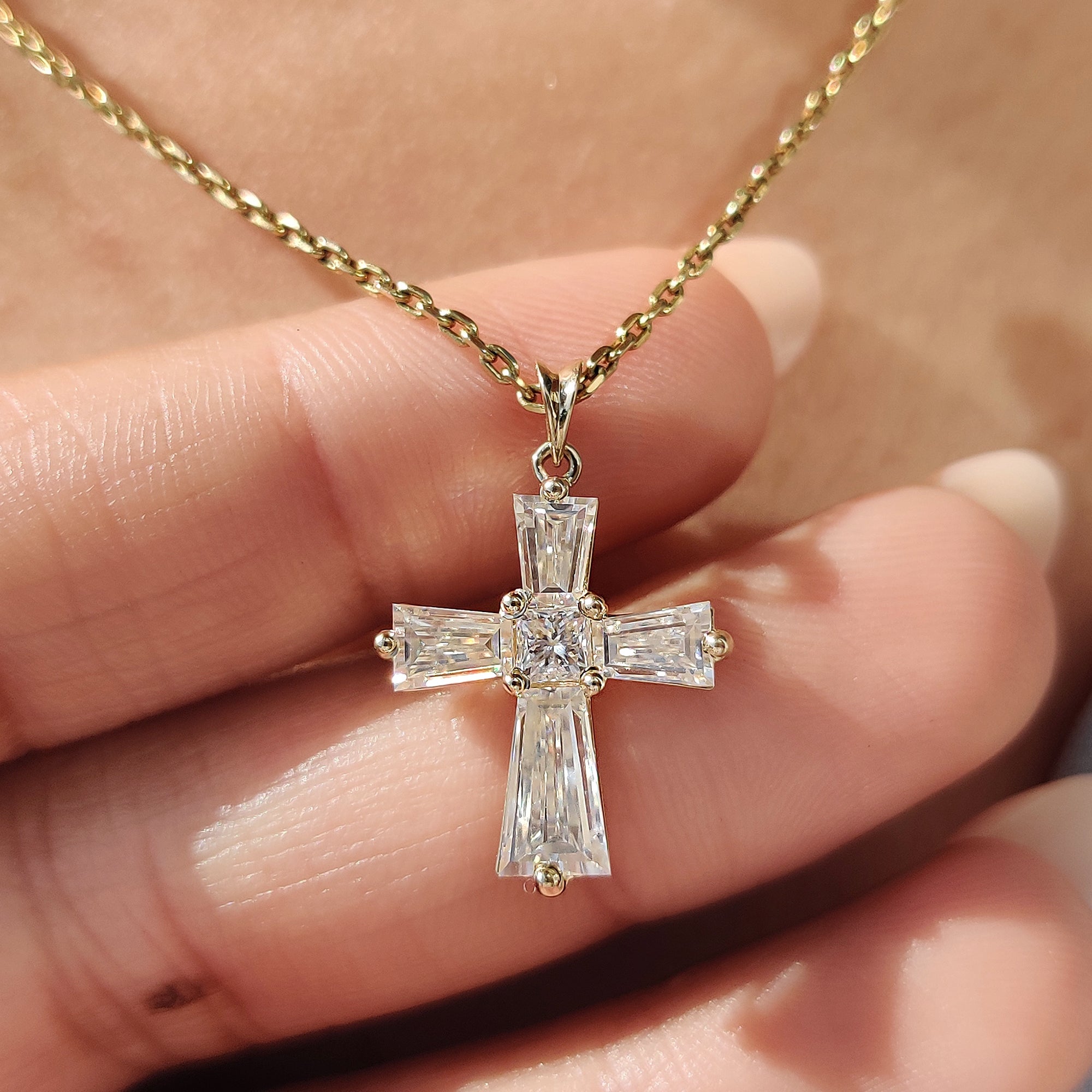 Gold Cross Pendant With Tapered Baguette Setting