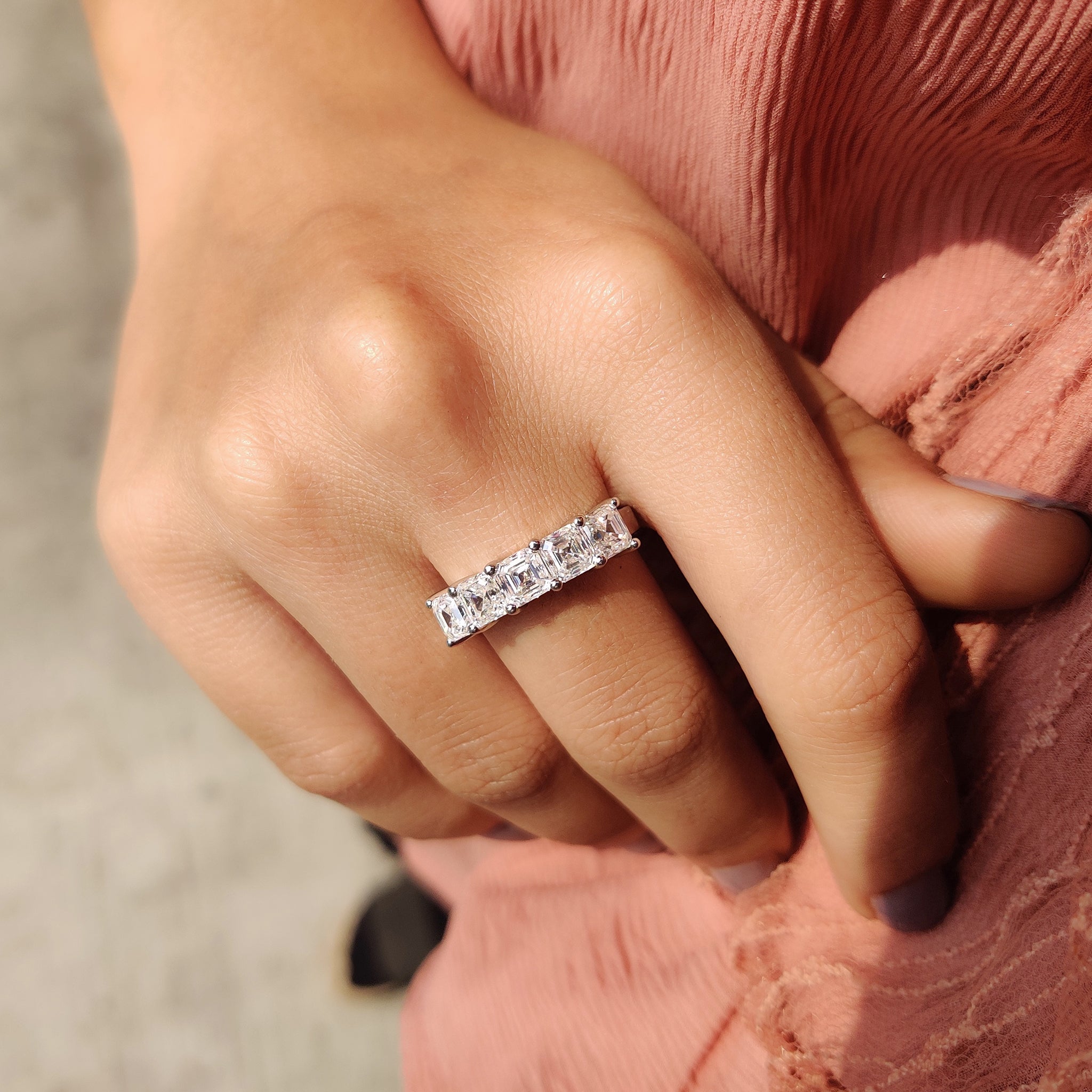 Moissanite wedding band shines with clarity and value.