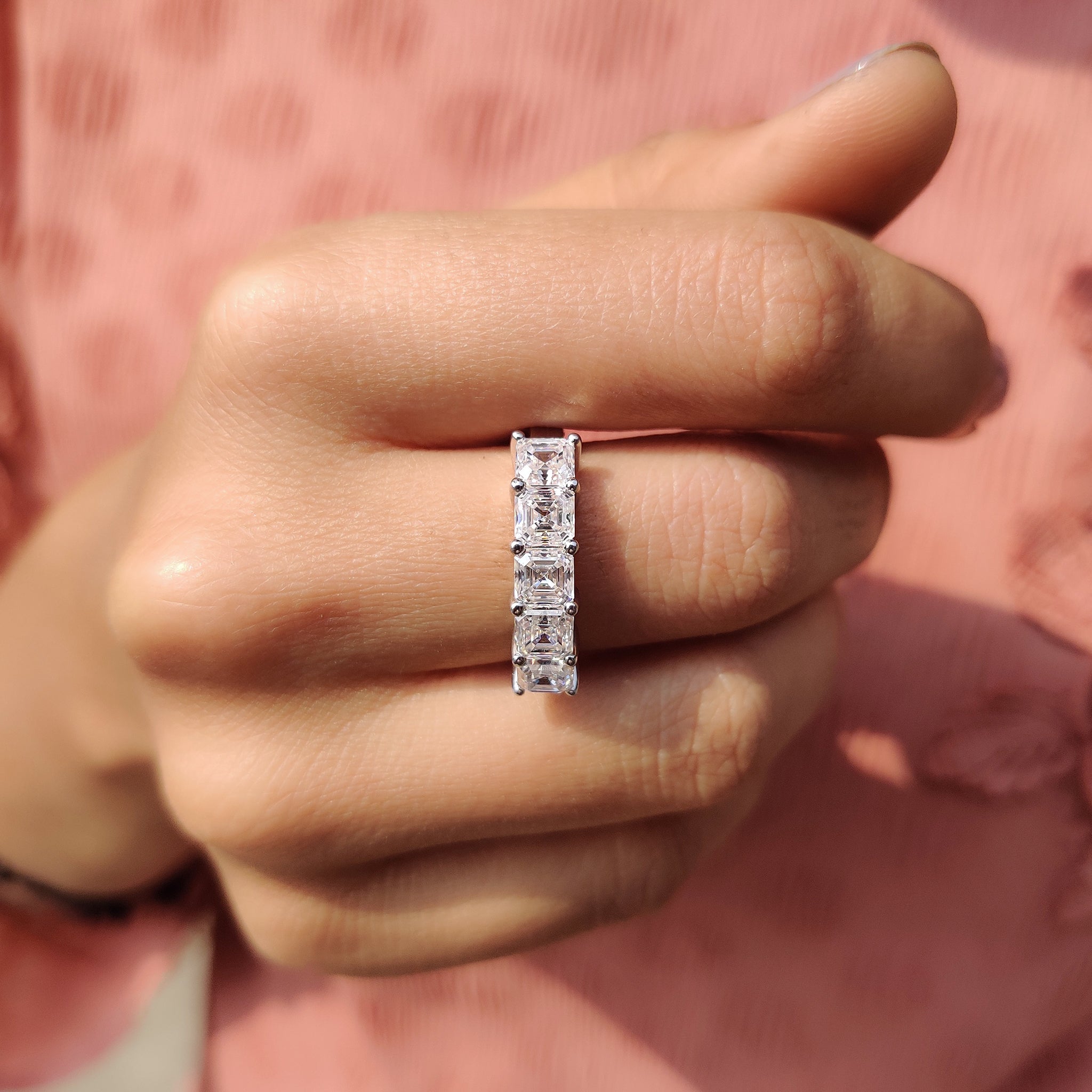 White gold wedding band brings a sleek and modern look.