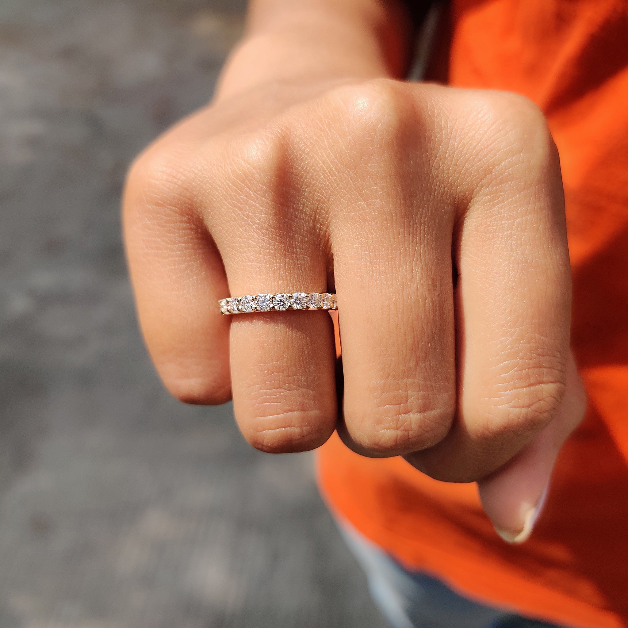 Carat diamonds band in yellow gold moissanite band.