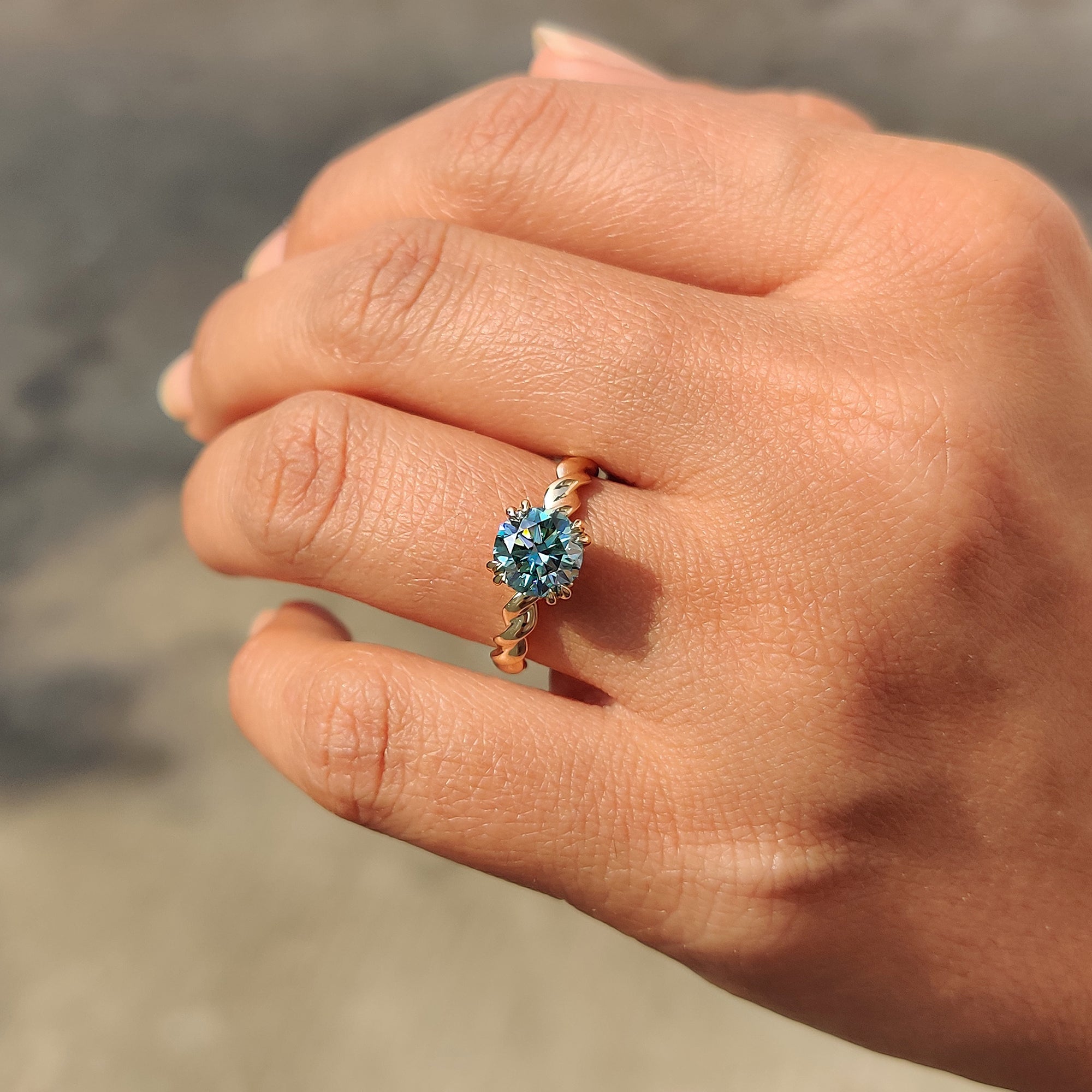 Unique cyan blue round cut Moissanite ring
