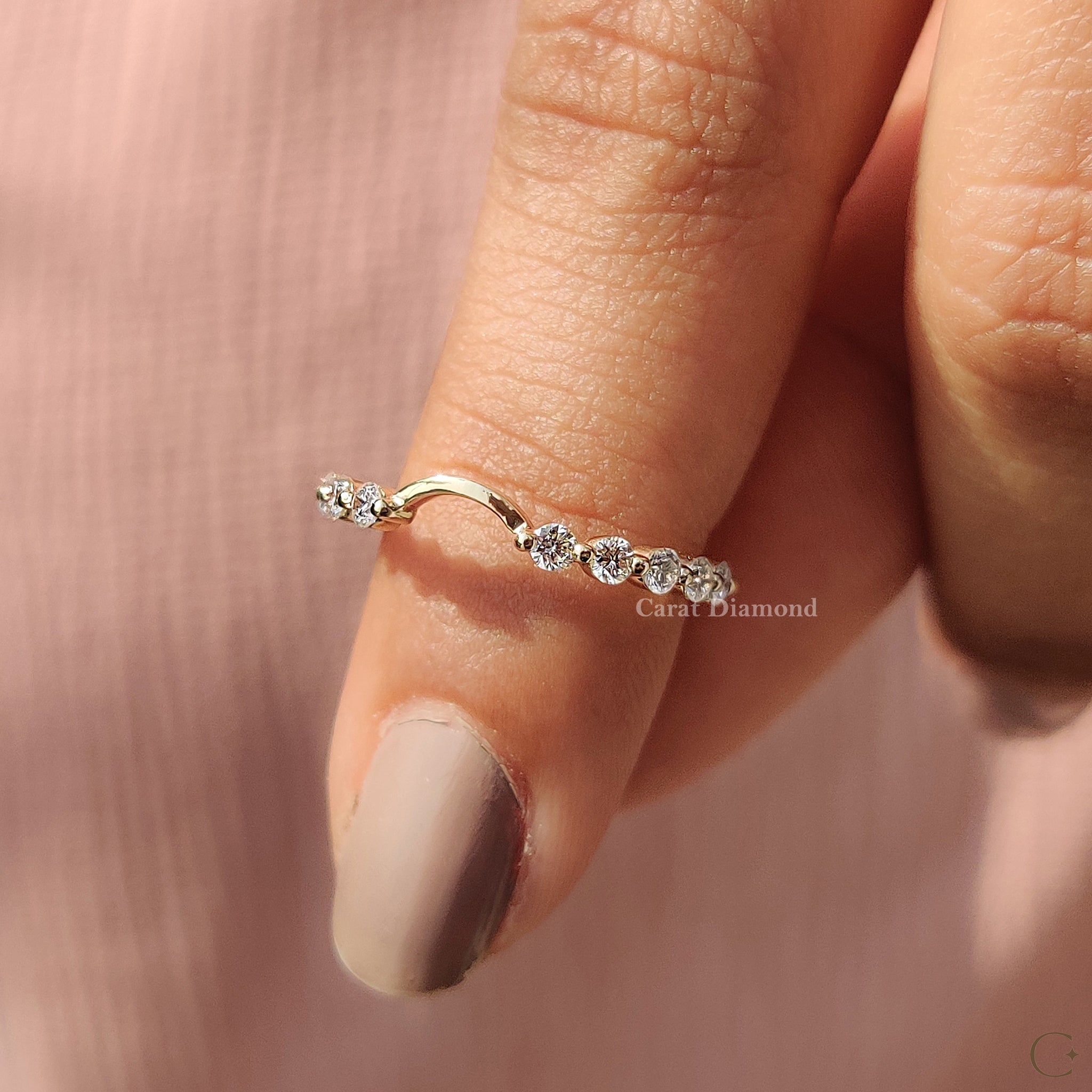 Curvy wedding band crafted with a lab grown diamond and handmade jewelry.