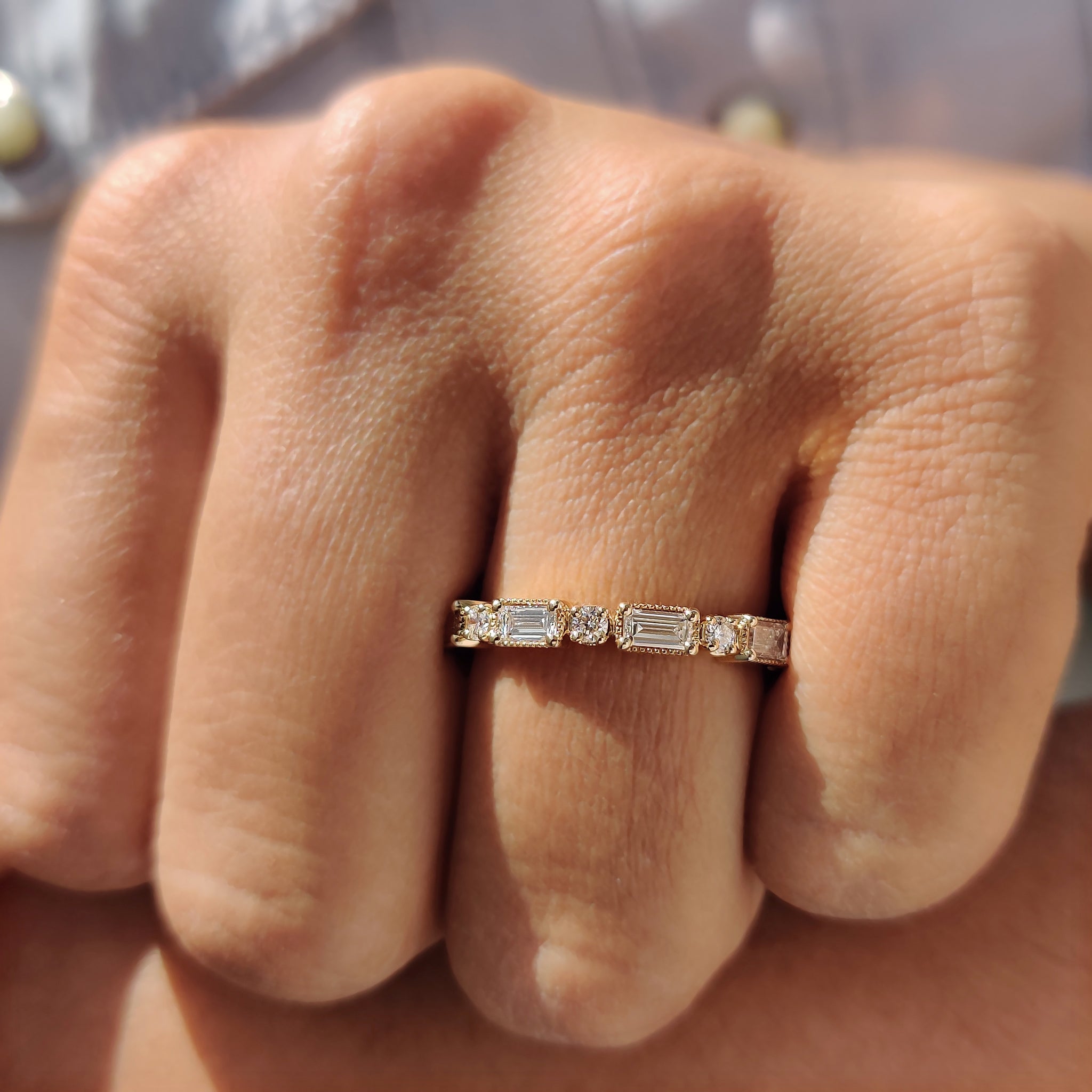Yellow gold diamond band with a classic, radiant shine.
