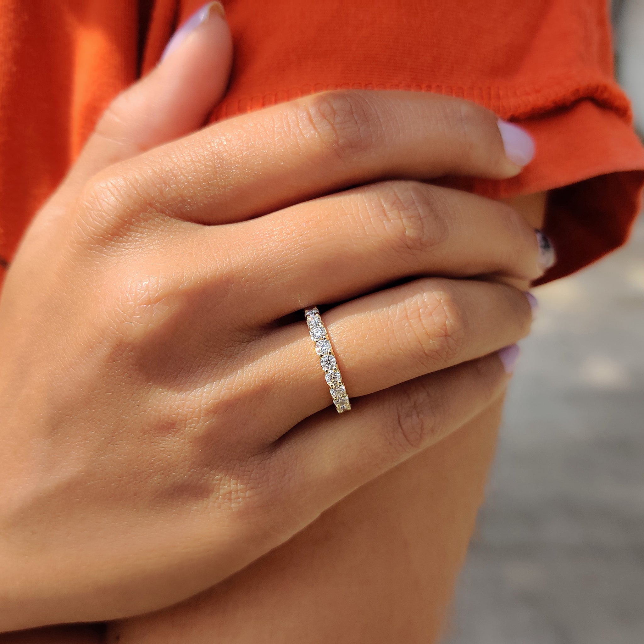 Handmade band and moissanite wedding band.