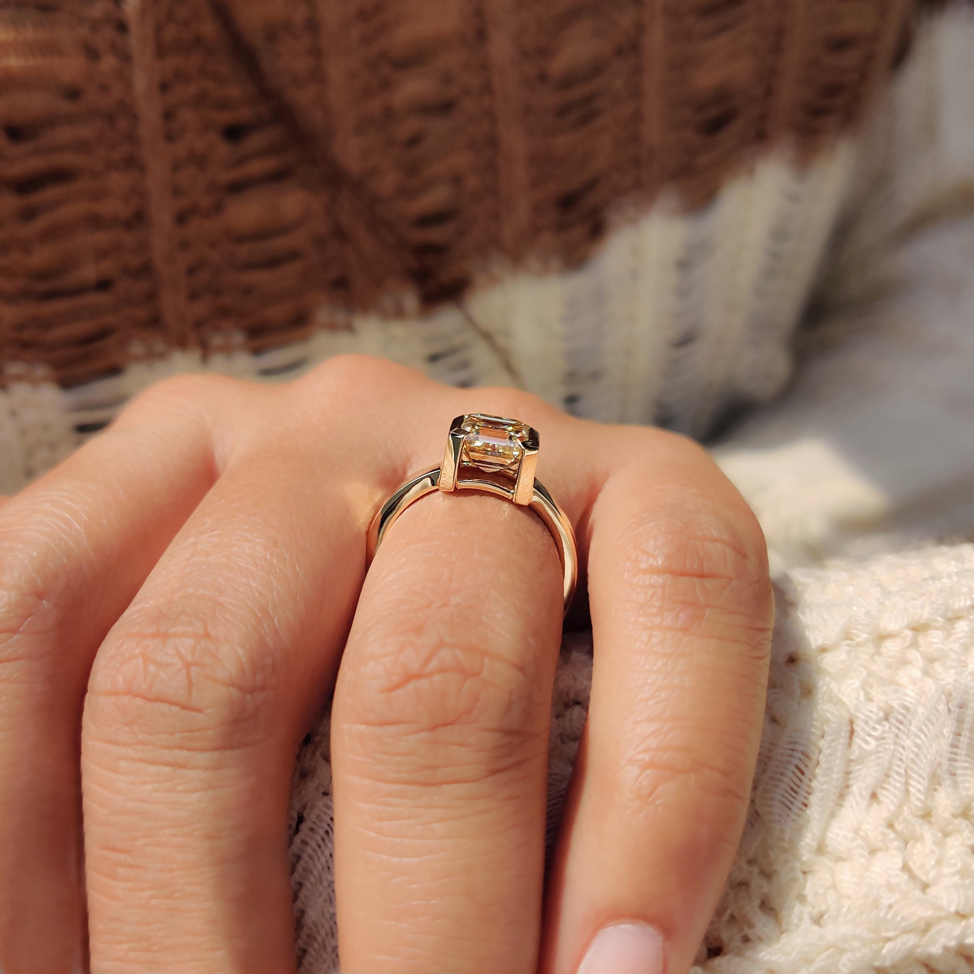 Moissanite engagement ring with semi bezel setting