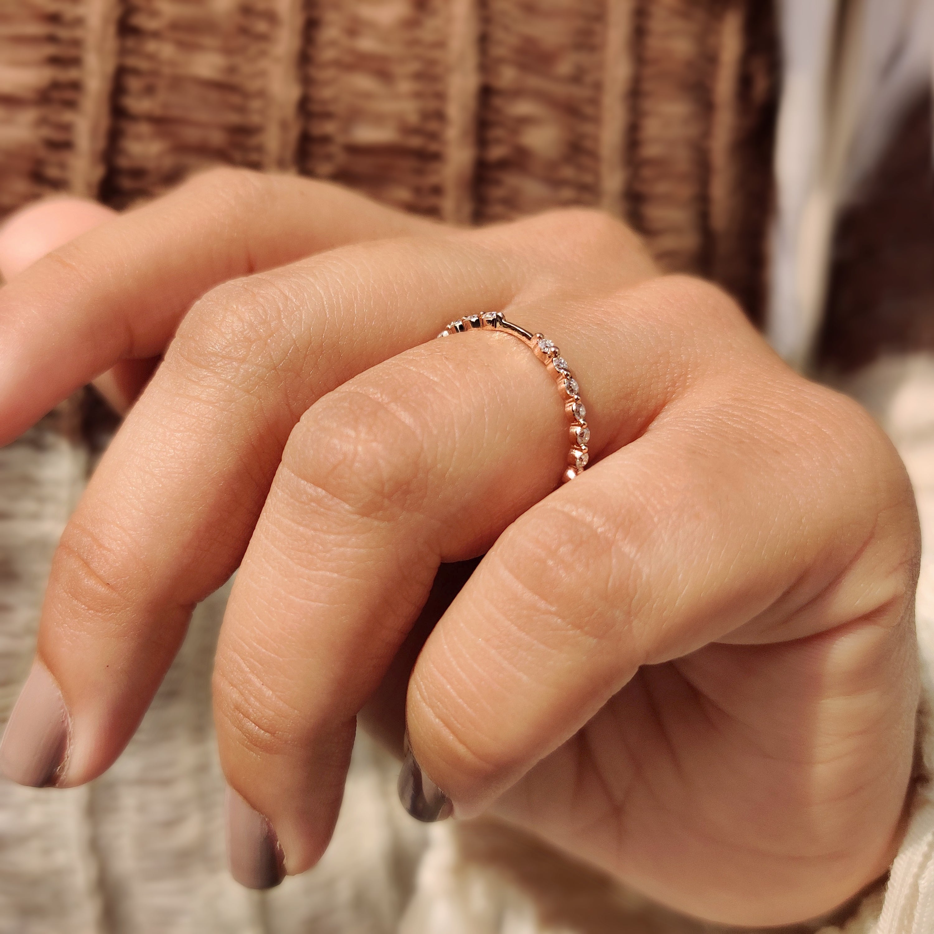 Stackable wedding band designed for everyday wear.
