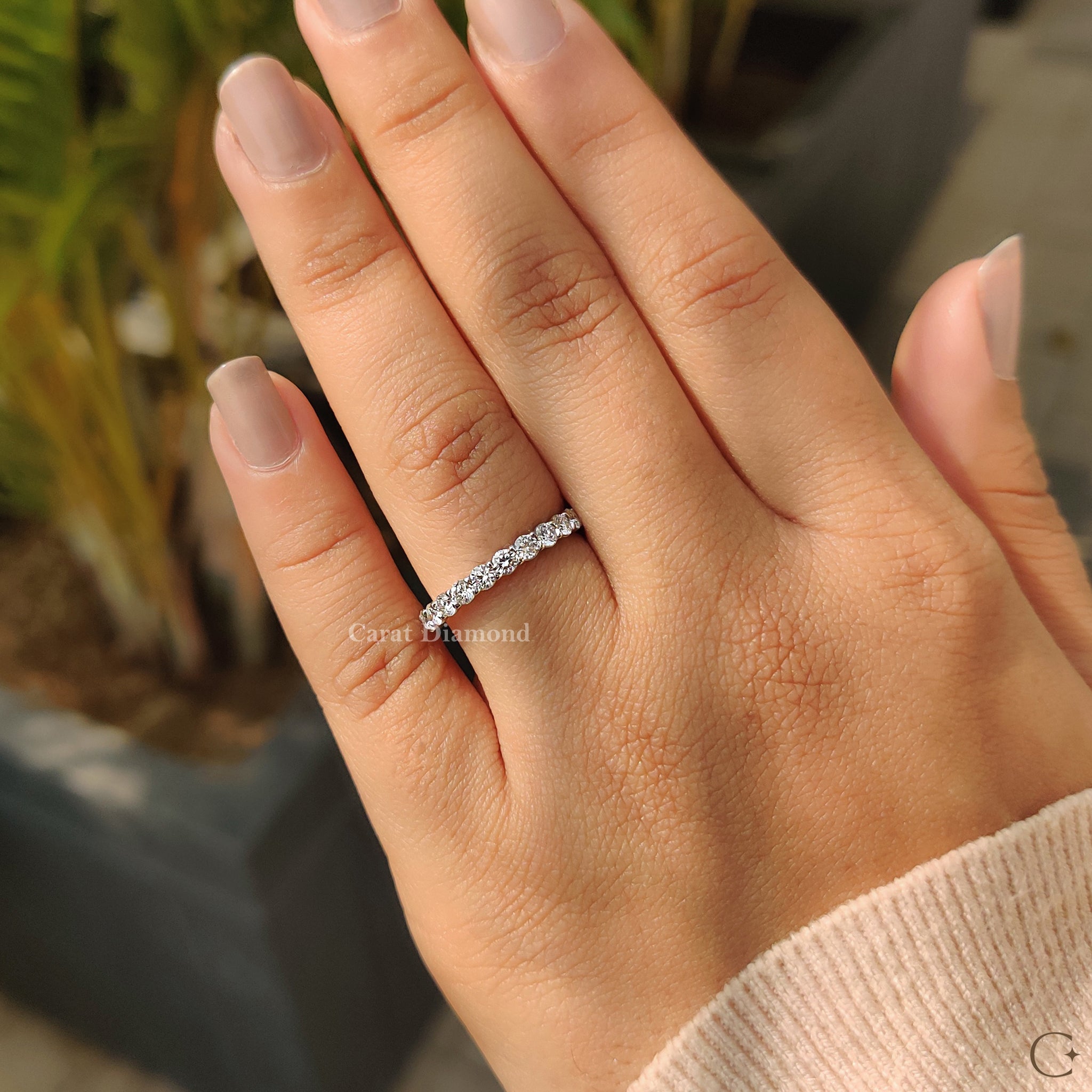 White gold custom wedding band with sparkle.
