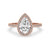 Pear halo engagement ring with 6 prong cathedral setting featuring a lab grown diamond in a stunning rose gold band.
