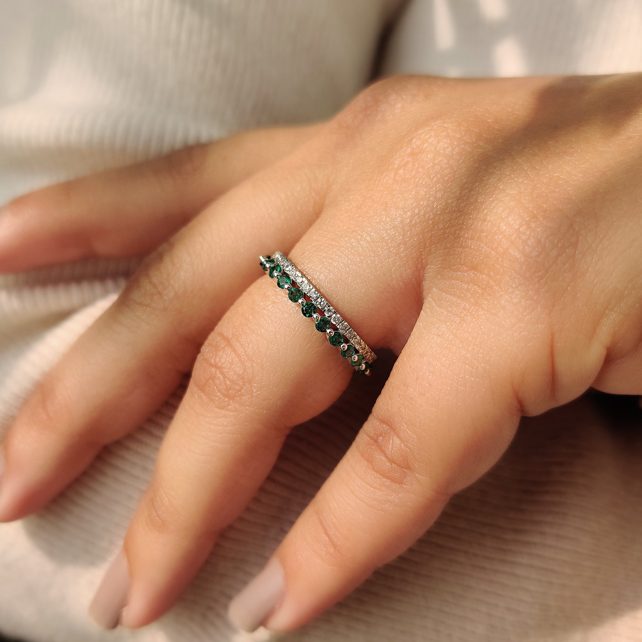 Emerald Wedding Band double row wedding band Shared Prong Wedding Band Lab Grown Diamond.
