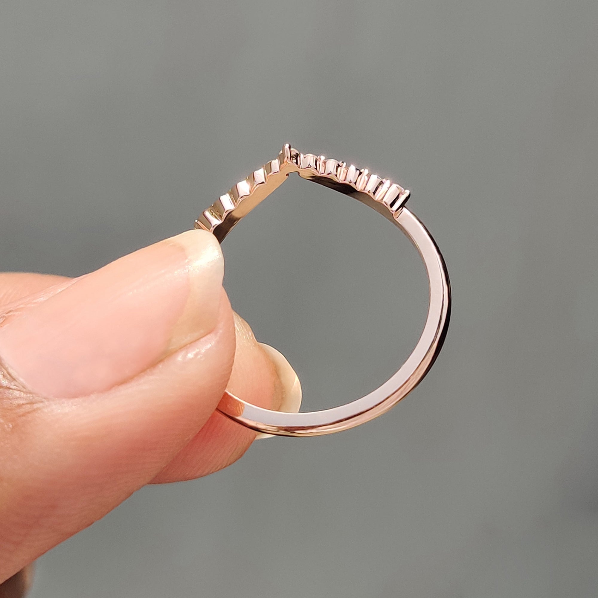 Buy moissanite band in V-shaped design, made for curved engagement ring styles.