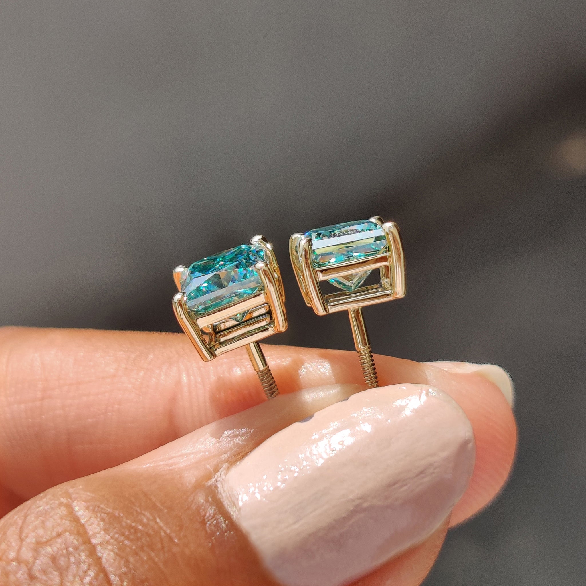 Earrings designed with Princess Cut Moissanite and 4 prong settings earrings in handmade earrings finish.
