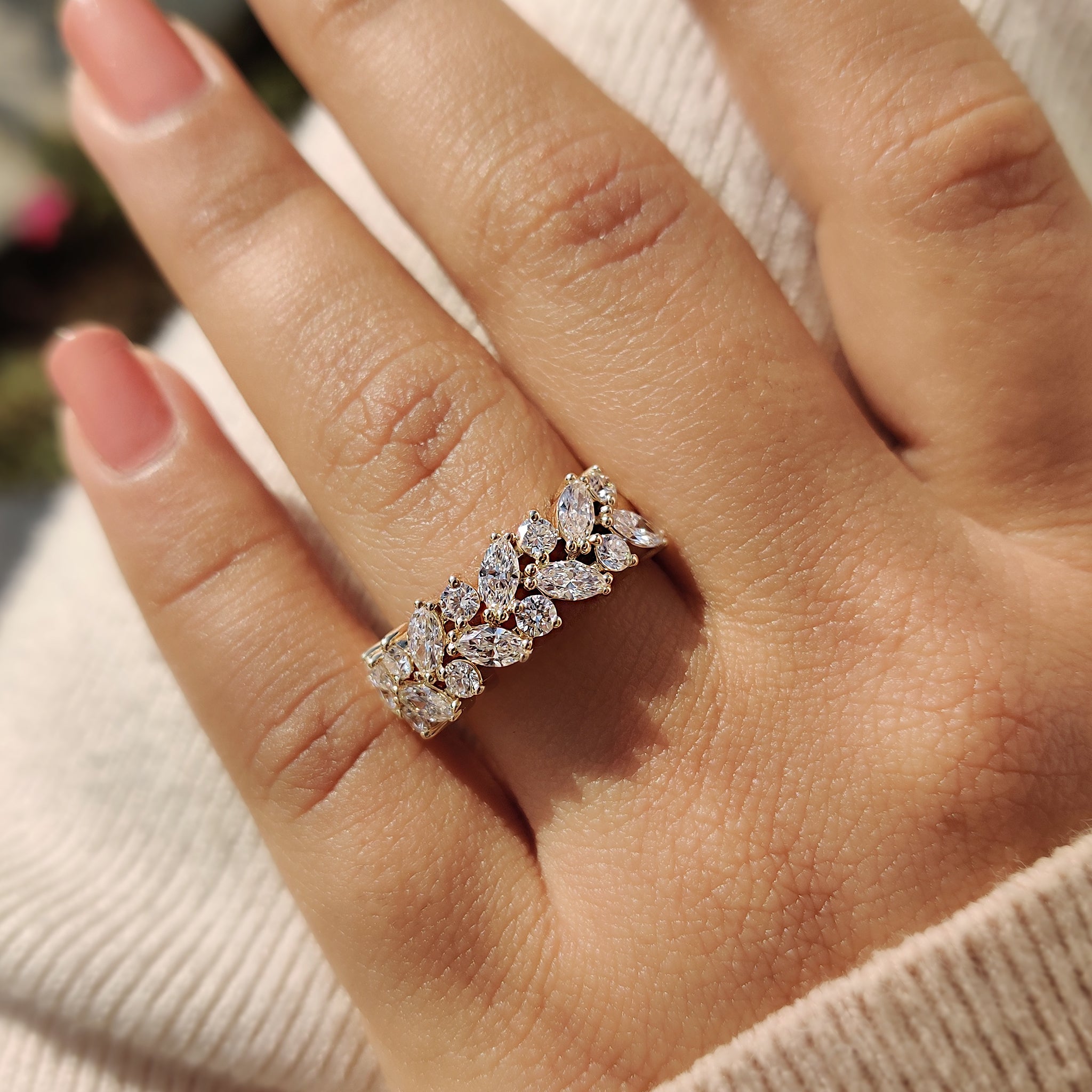 Custom wedding band shown with matching engagement ring.
