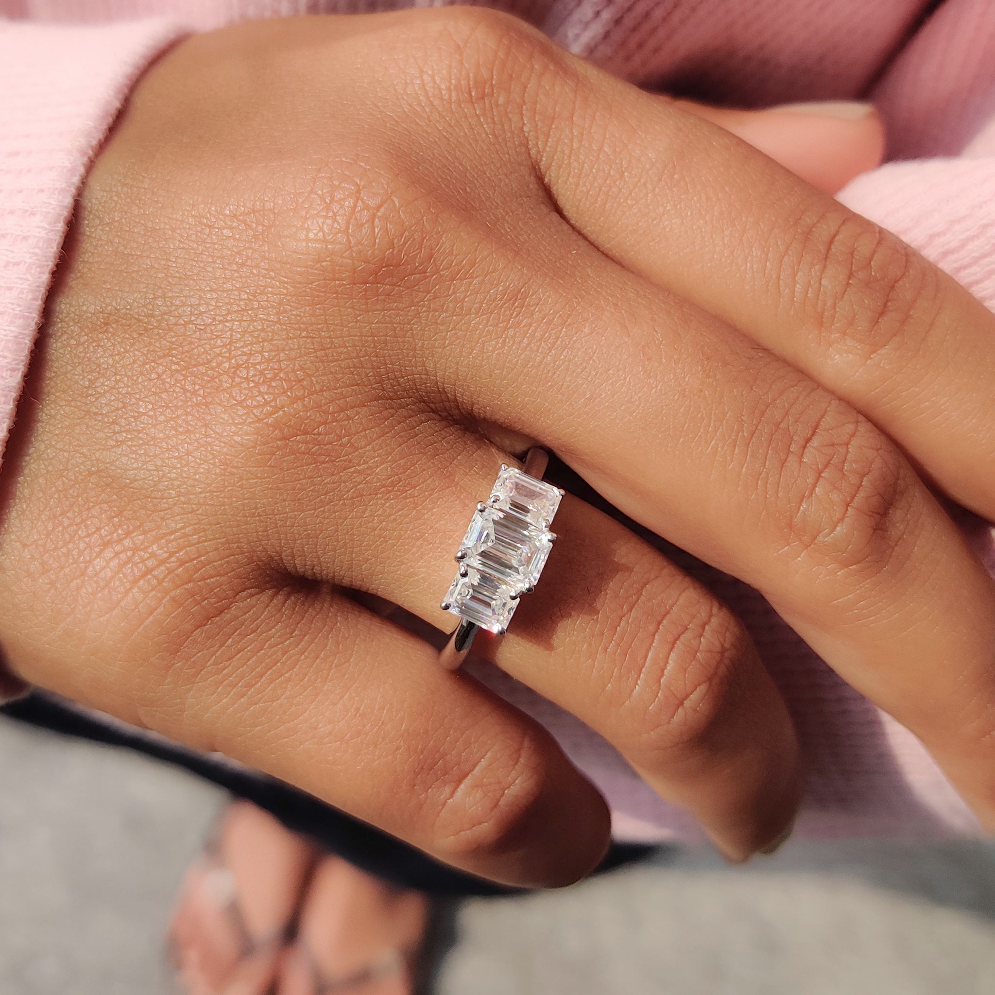 This 3 stone engagement ring symbolizes love, past, present, and future.
