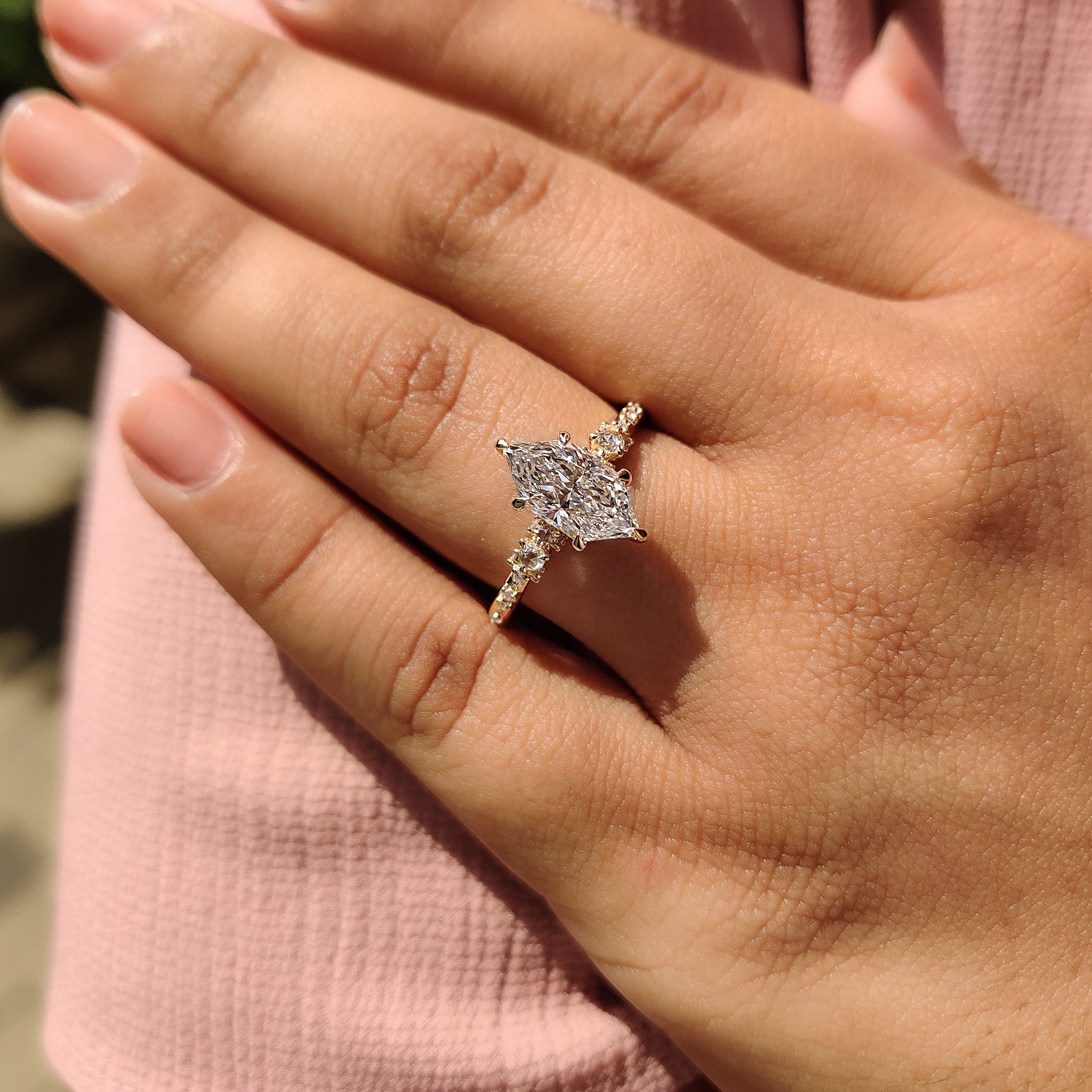 Pave setting ring with vintage engagement ring.