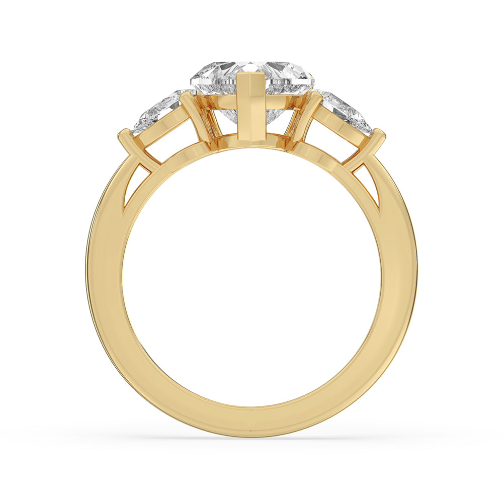3 stone engagement ring with a heart-shaped diamond band, featuring a handmade jewelry design and carat diamonds ring.
