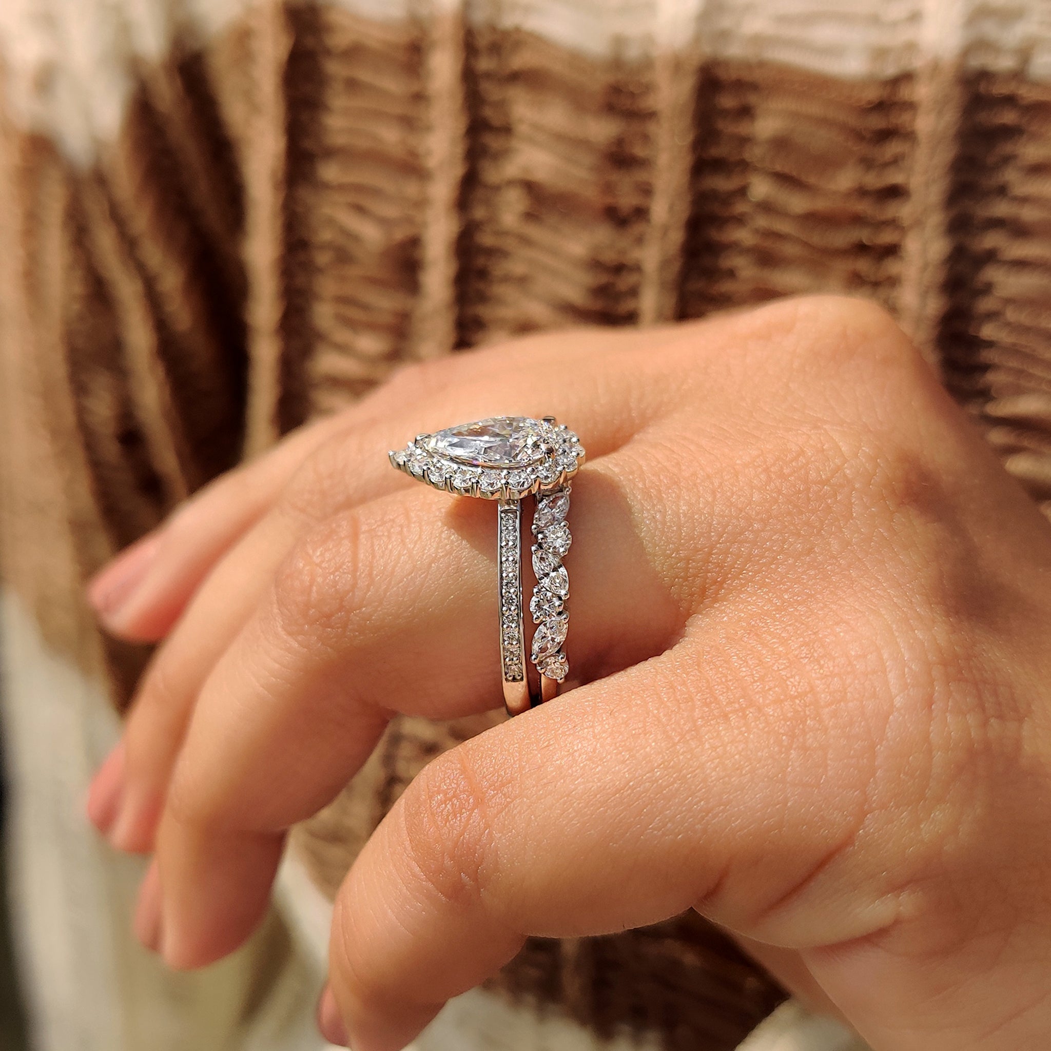 Pear diamond halo ring with lab grown diamond