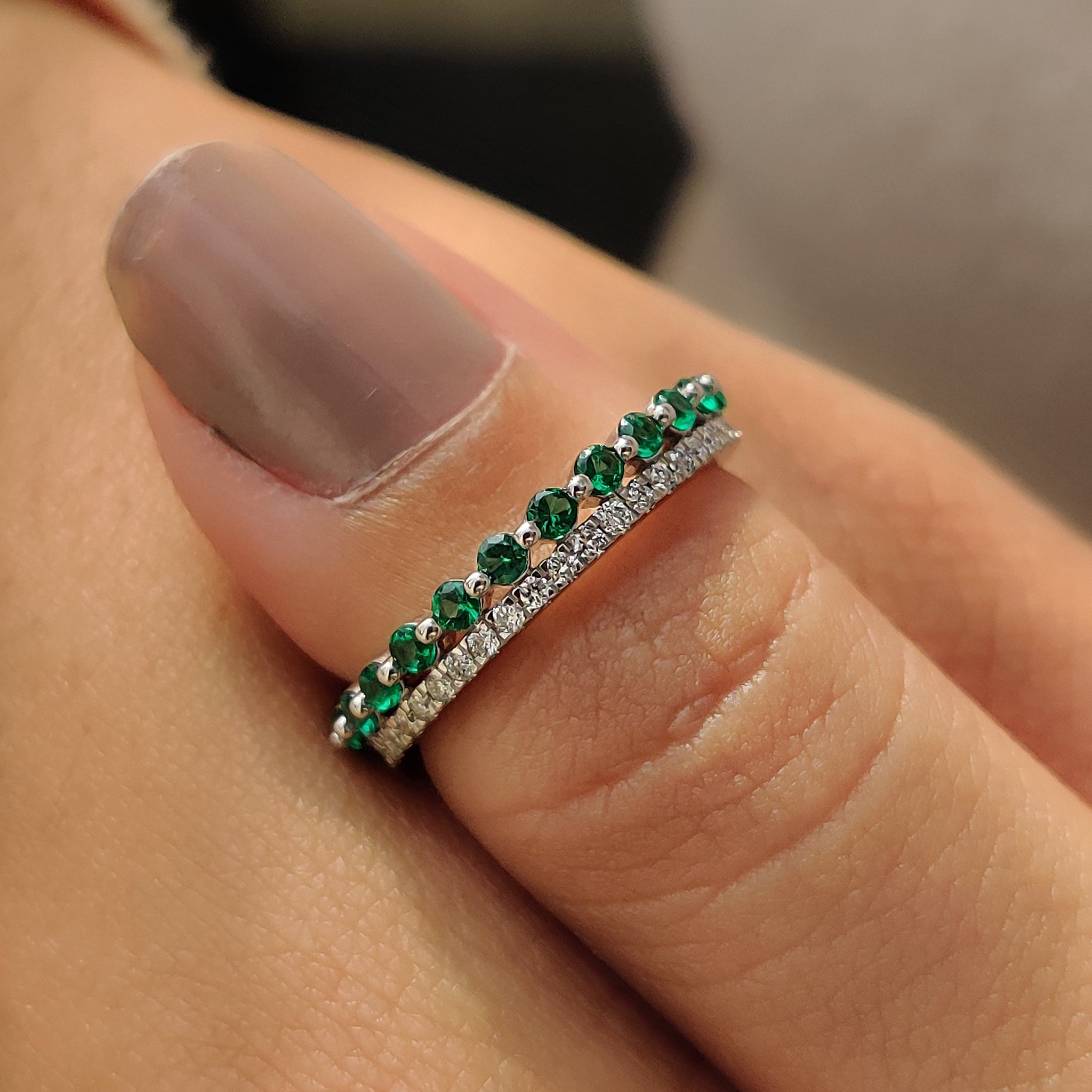 Emerald Wedding Band double band wedding band Round Cut Diamond handmade jewelry.
