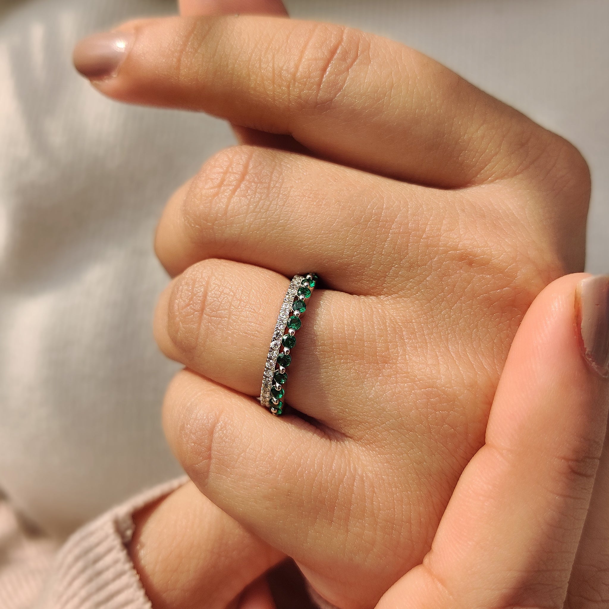Shared Prong Wedding Band Green Emerald Band White Gold Wedding Band handmade band.
