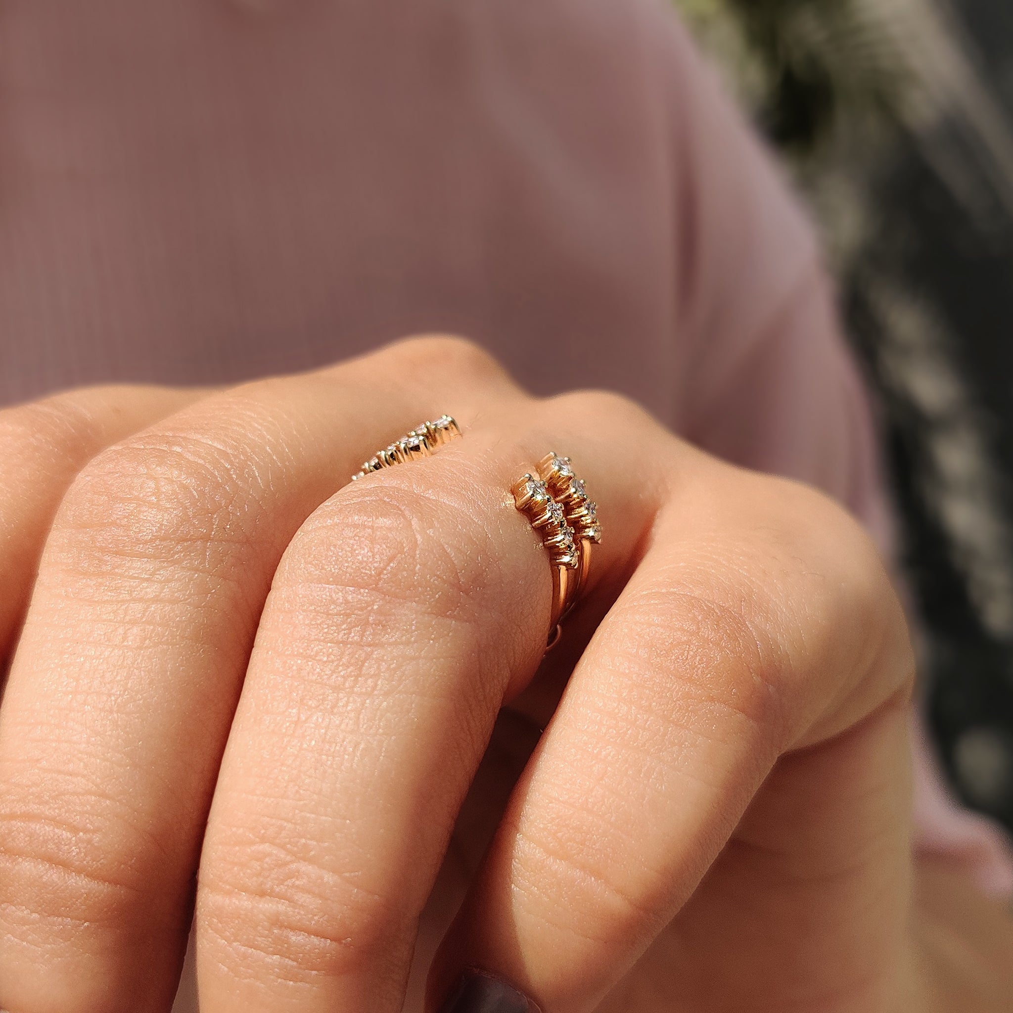 Yellow gold diamond band with sparkling round stones.
