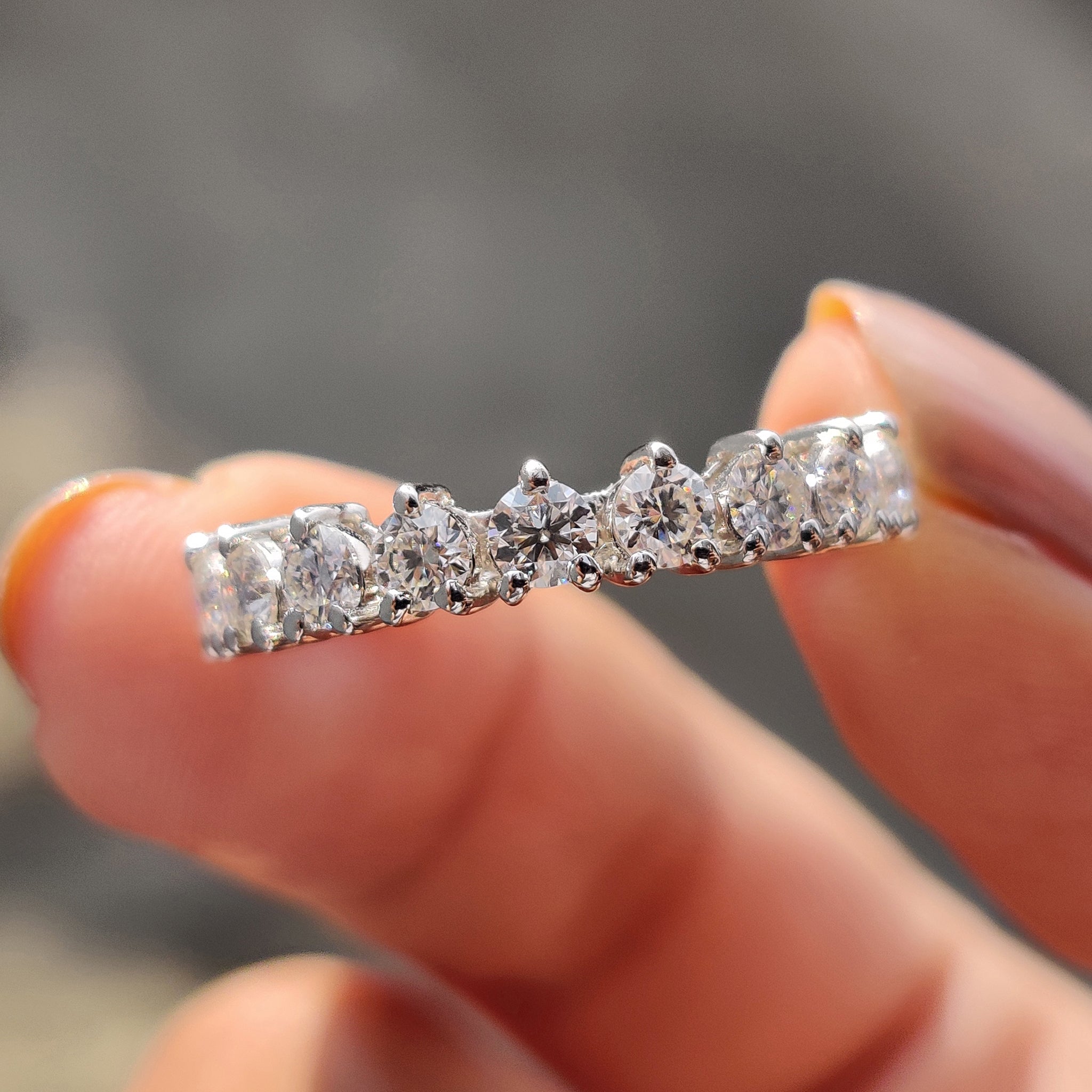 Buy wedding band featuring moissanite in half eternity style, crafted for comfort and shine.