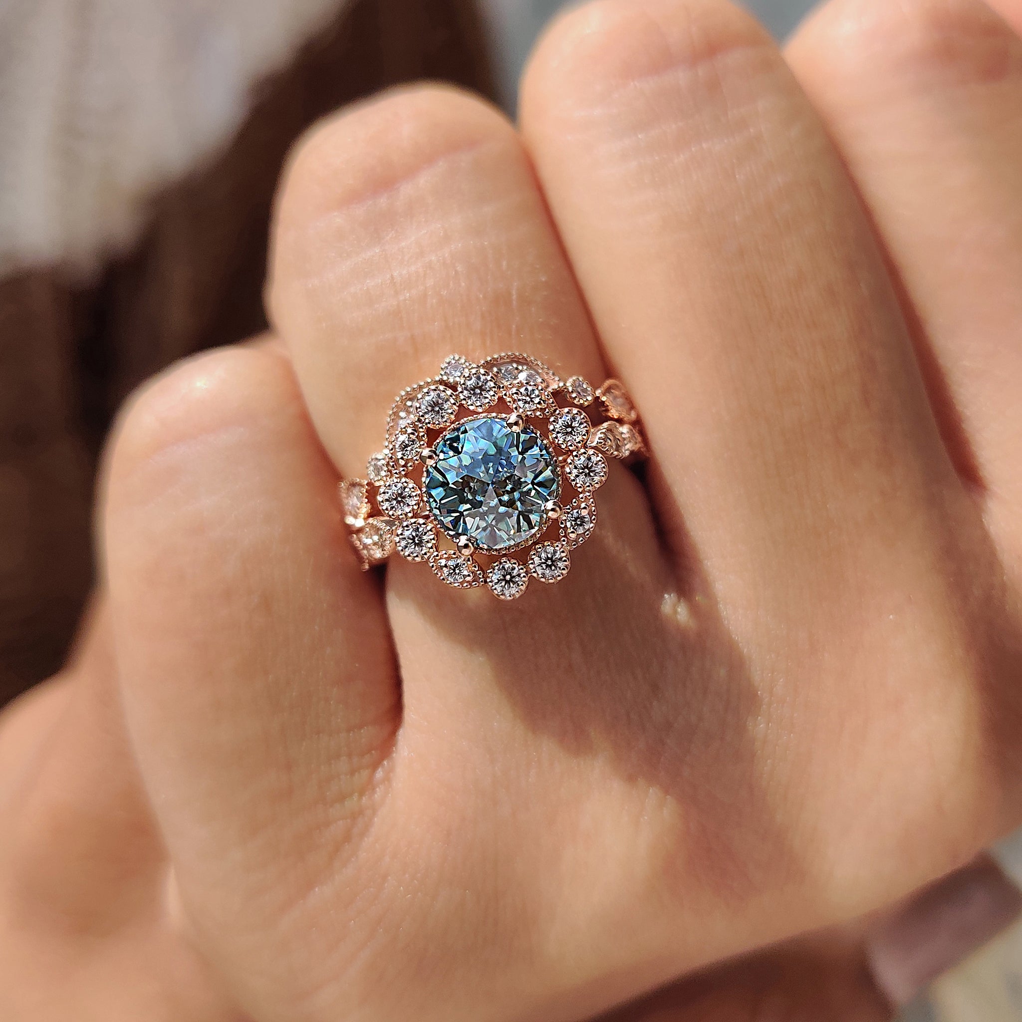 Stackable wedding band with milgrain setting paired with a moissanite ring.
