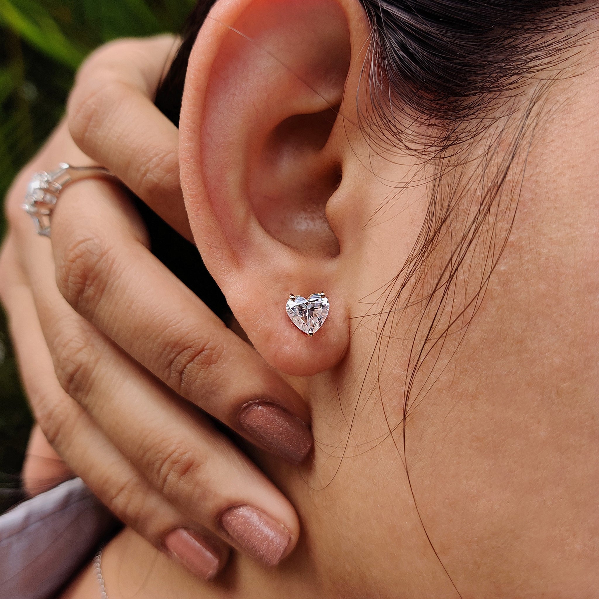Anniversary gifts for her designed with Heart Cut Moissanite Earrings and custom earrings style.

