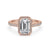 Emerald halo engagement ring with emerald cut with halo and claw prongs for secure elegance.