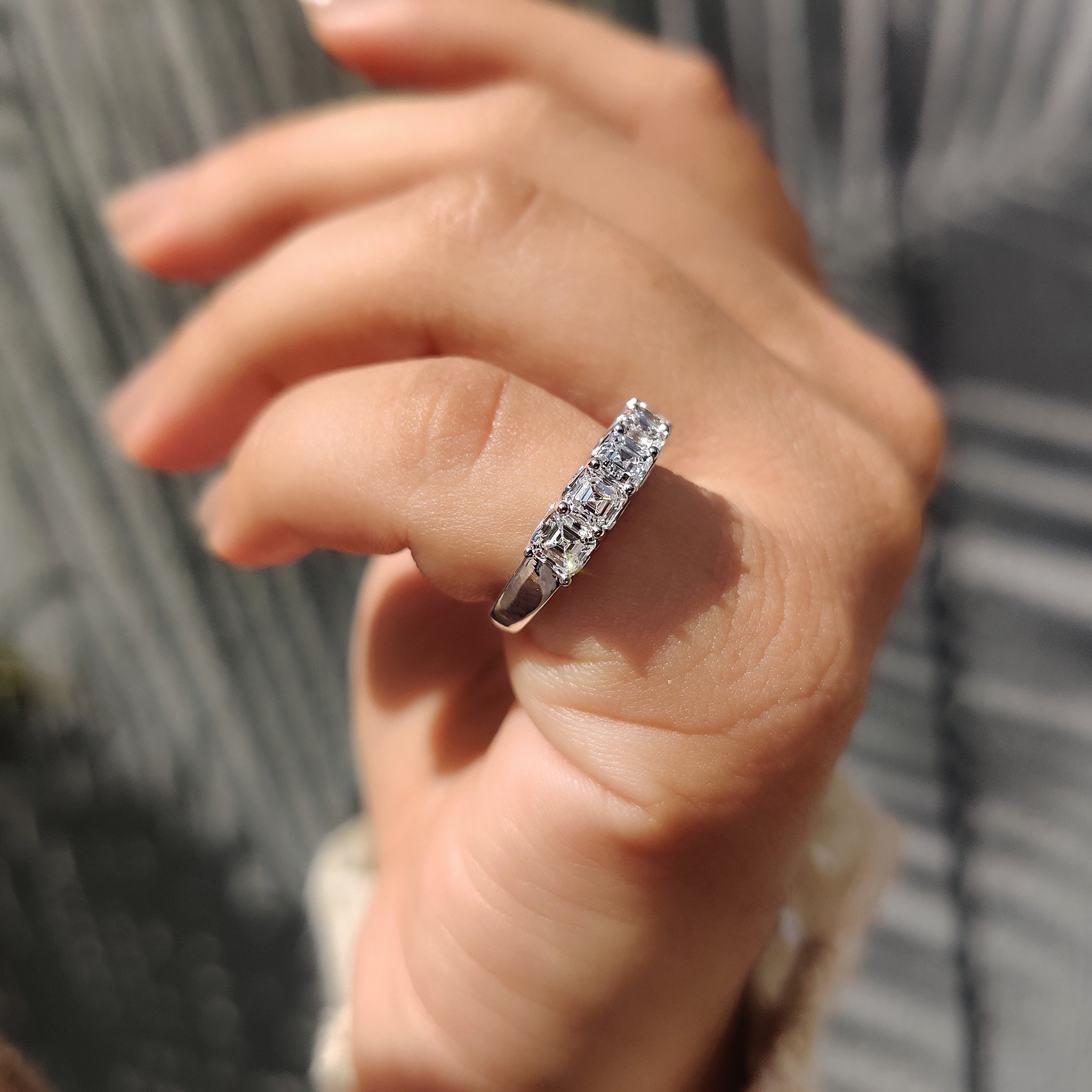 Shared prong trellis setting Asscher cut band with lab grown diamonds