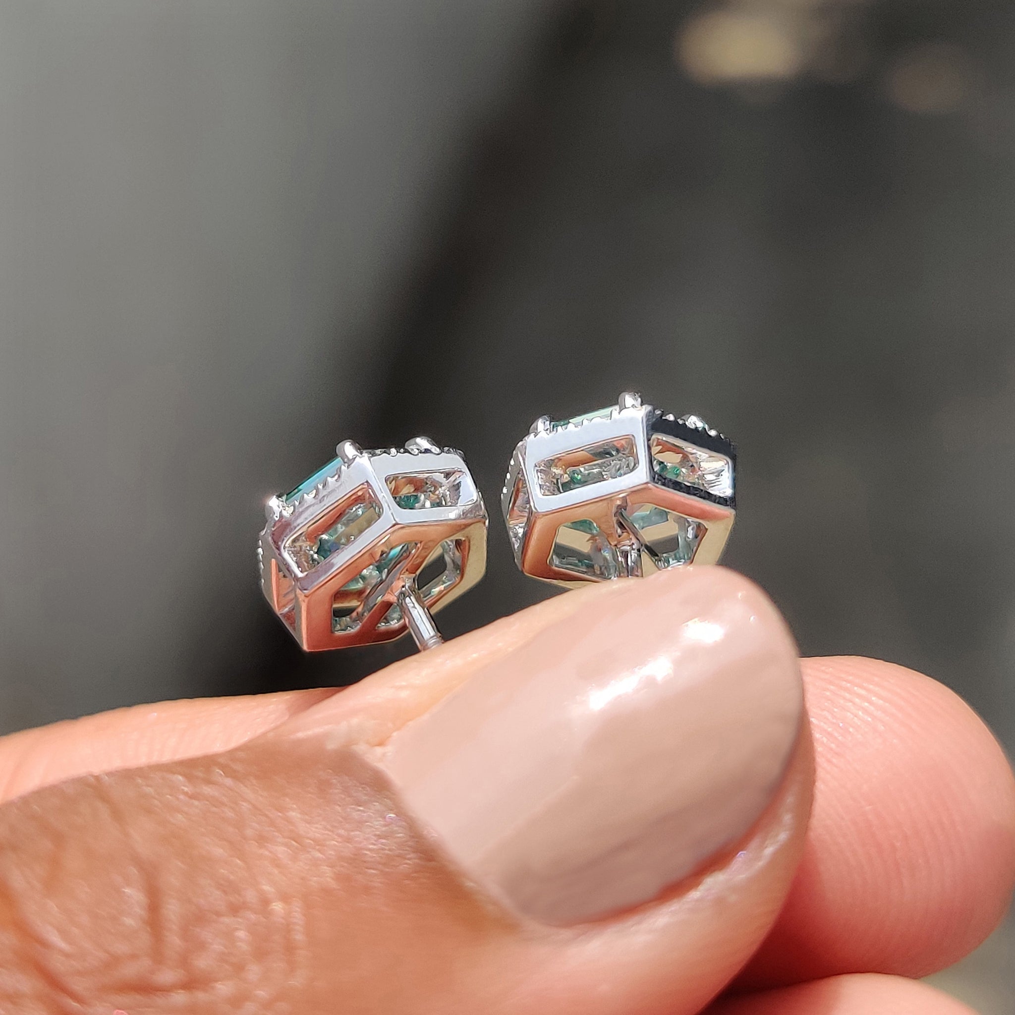 Six claw prong setting featured in Hexagon Step cut earrings for Wedding Gifts for Women.
