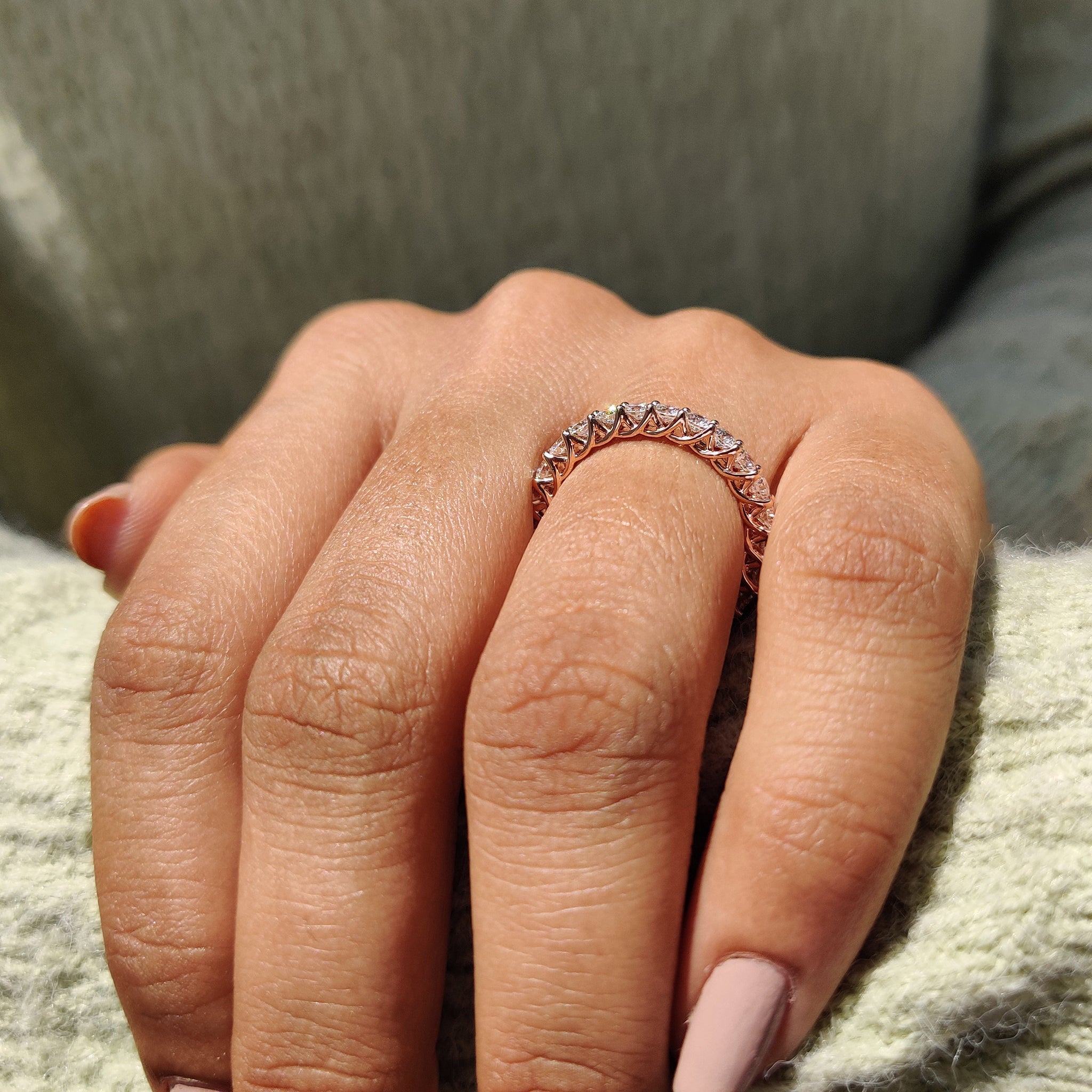 Lab grown diamond eternity wedding band in rose gold
