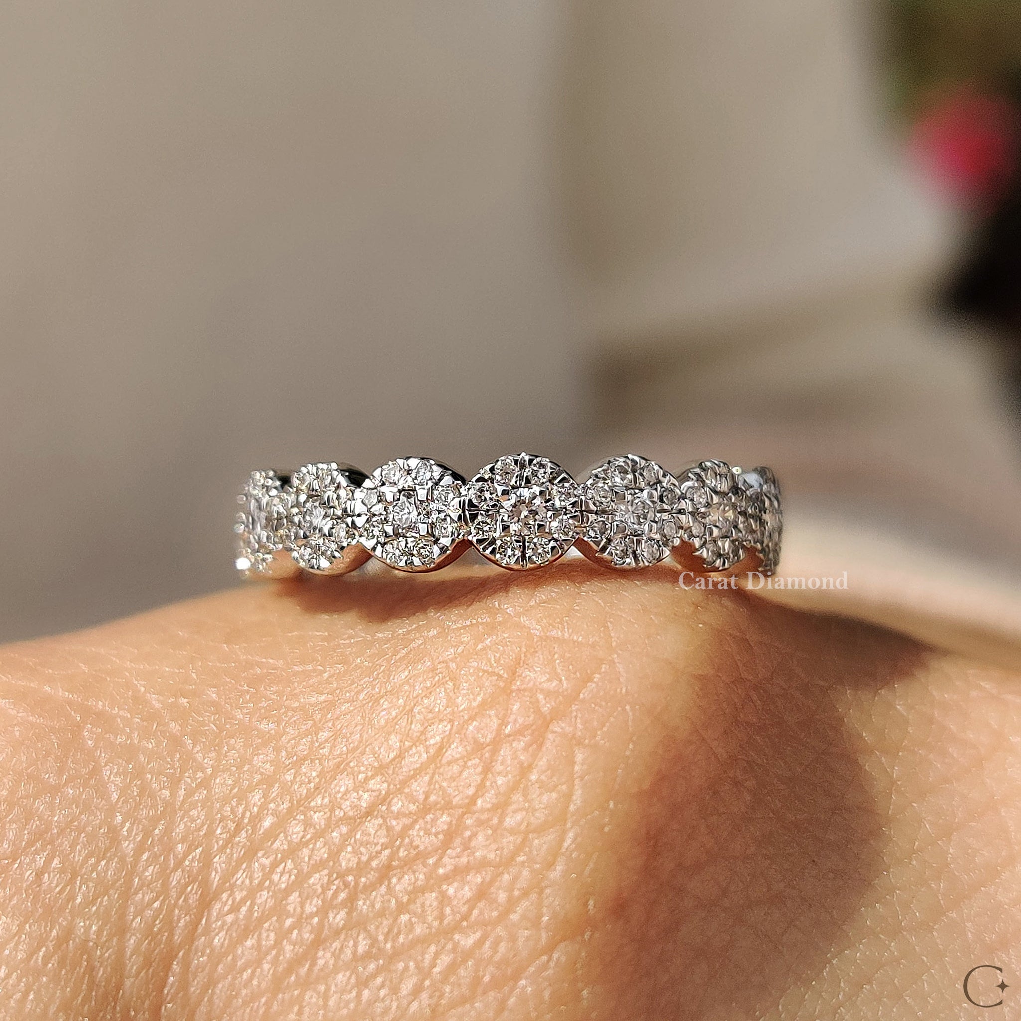 Round cut diamond band with exceptional sparkle and clarity for weddings.