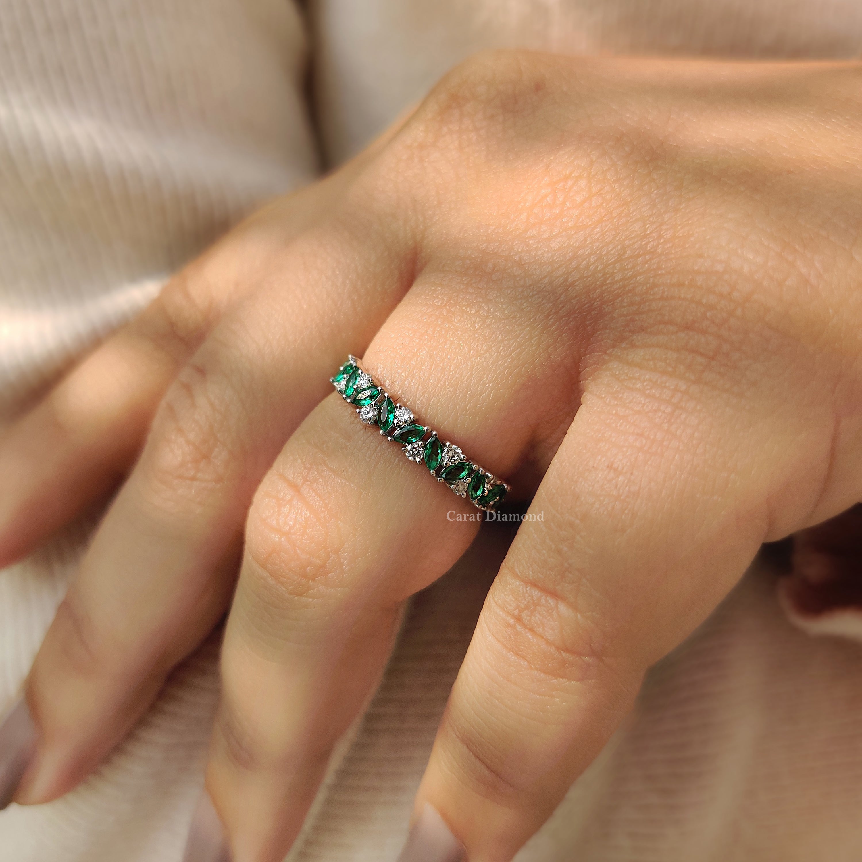 Zig zag cluster pave set wedding band with shimmering stones.
