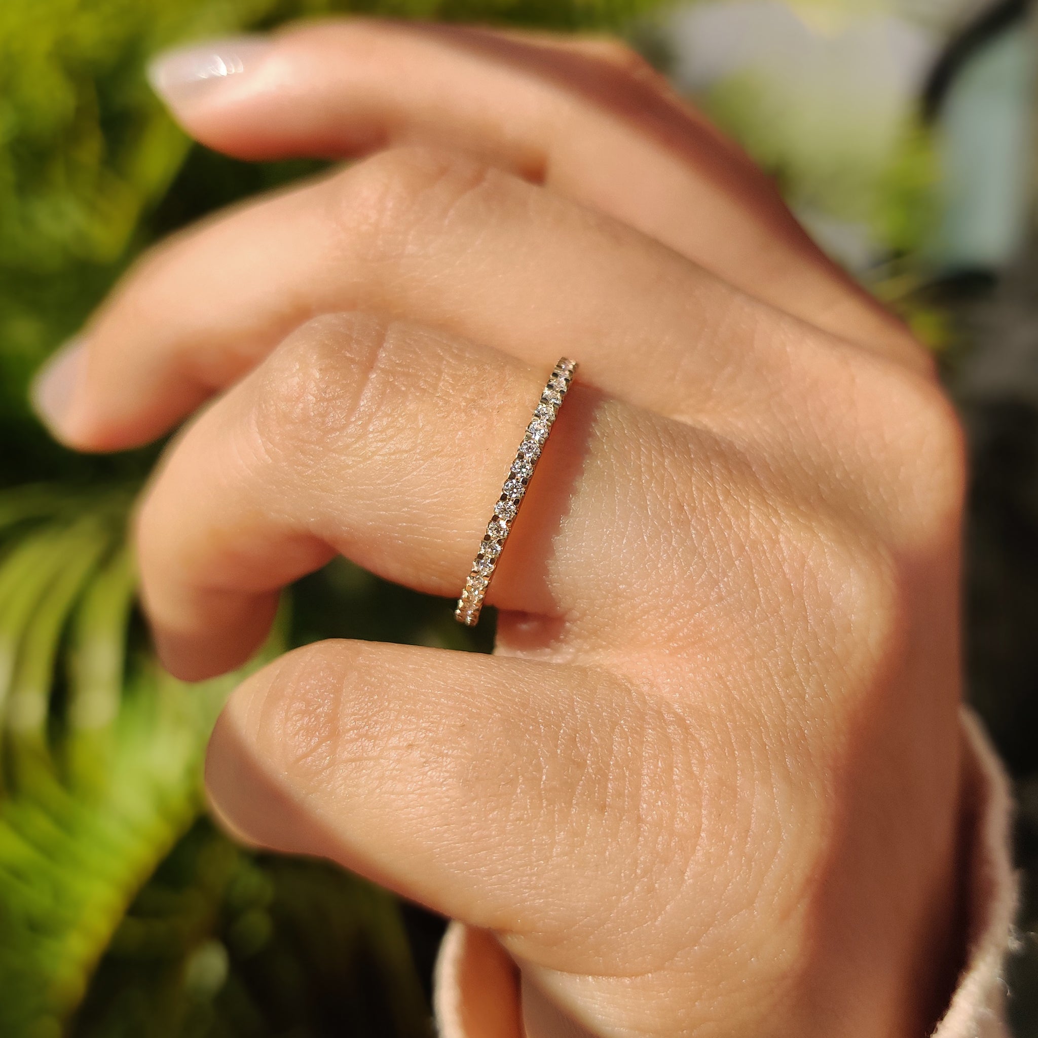 Yellow Gold Wedding Band with round cut eternity diamonds.
