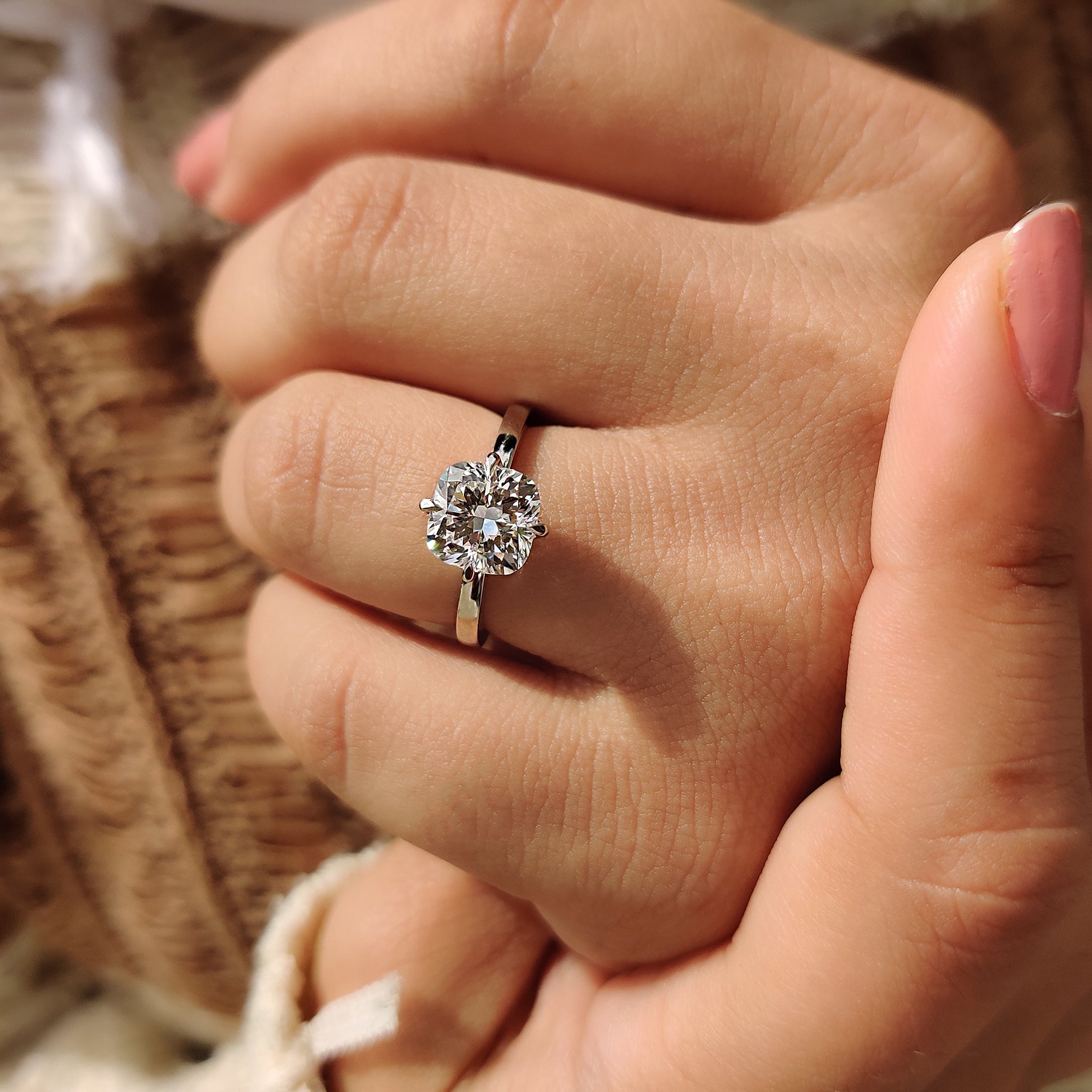 Solitaire engagement ring in lab grown diamond.
