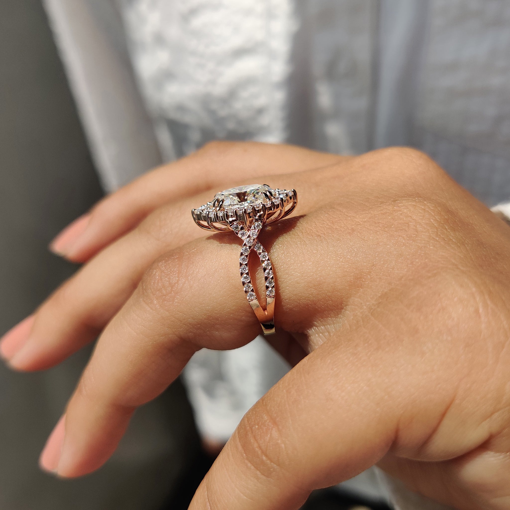 Moissanite engagement ring made for everyday wear and bright shine.
