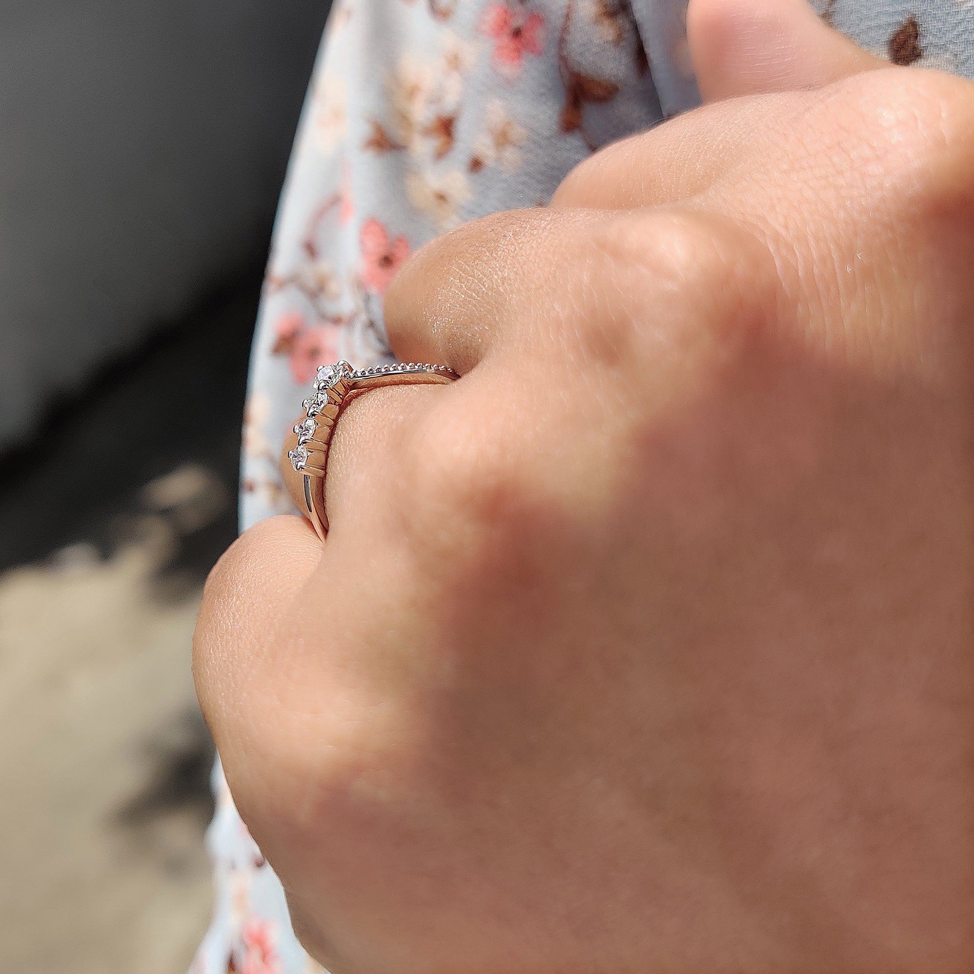 Chevron band shaped to fit snugly with solitaires or stacking rings.