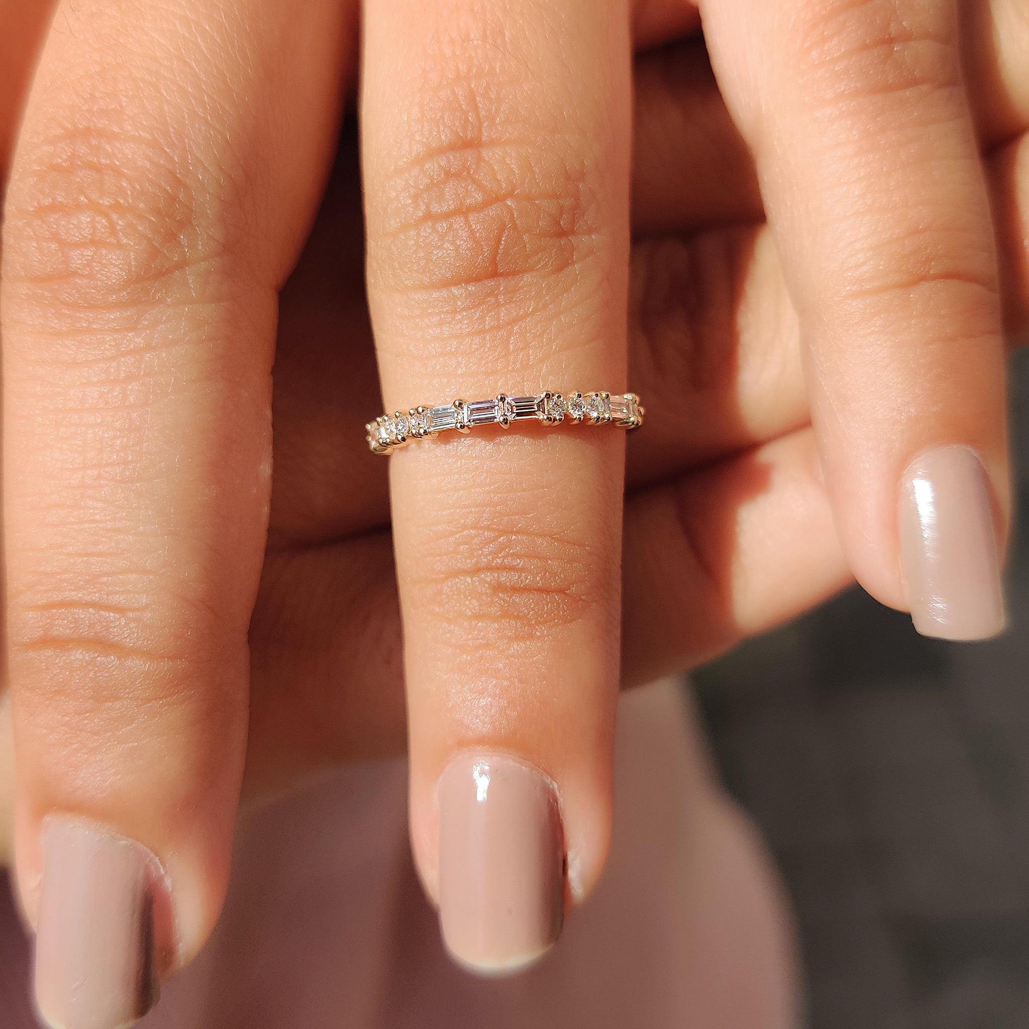 Baguette and round diamond band Lab Grown Diamond minimalist wedding band handmade jewelry igi certified.
