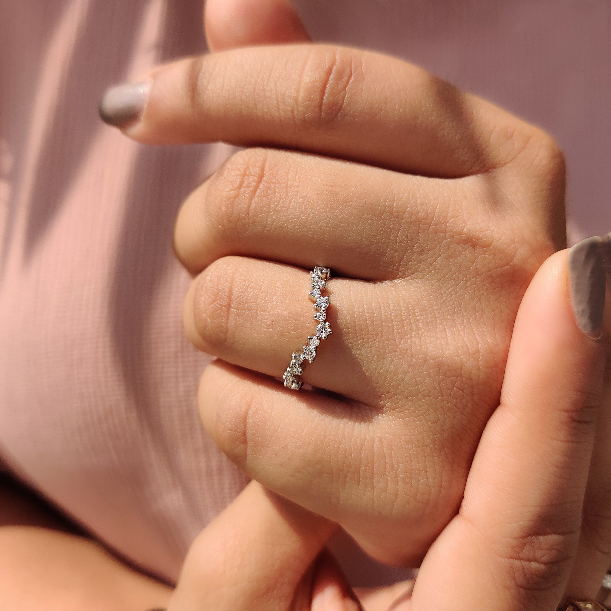 Handmade jewelry wedding band in white gold with lab diamonds.

