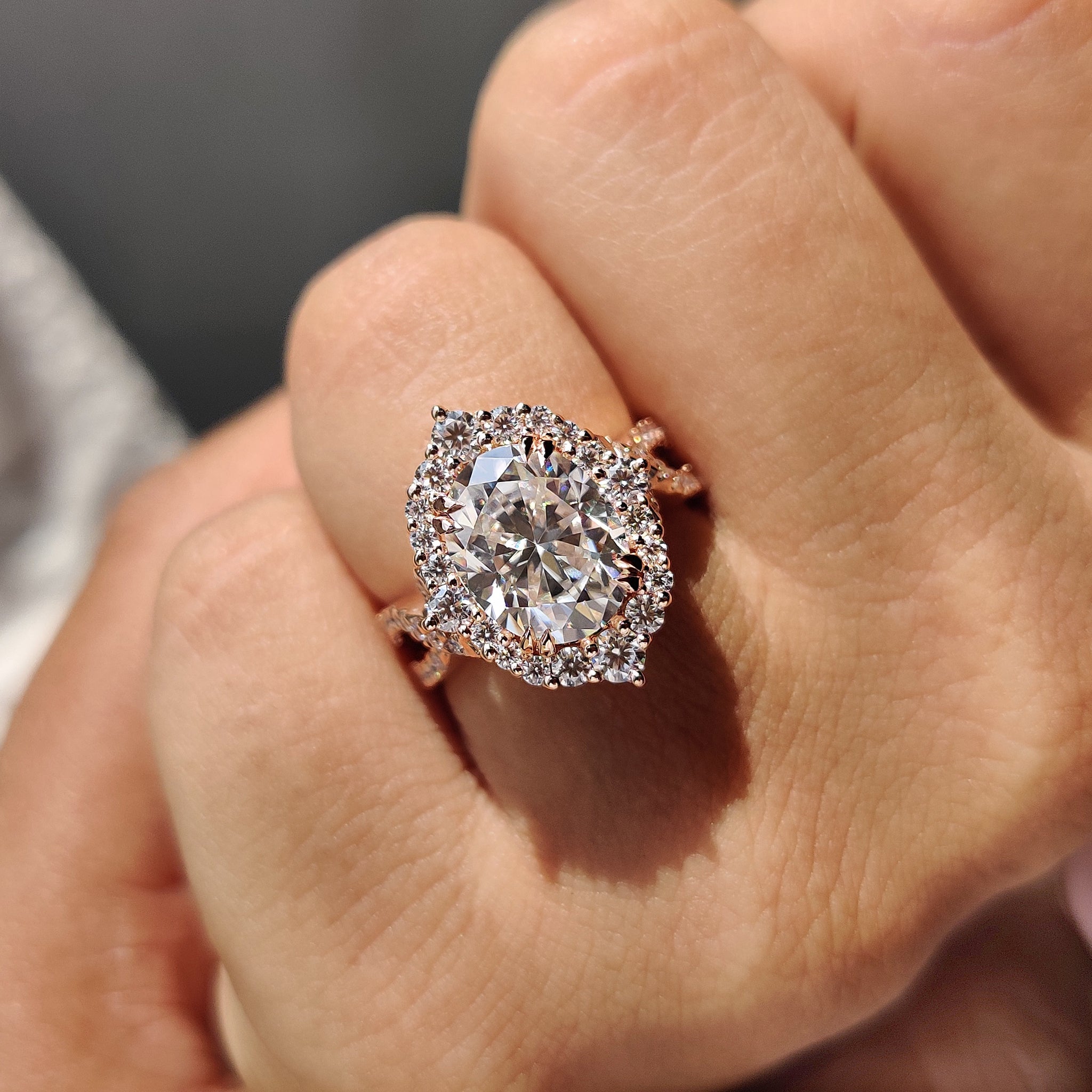 Oval and round engagement ring offers balance and standout beauty.
