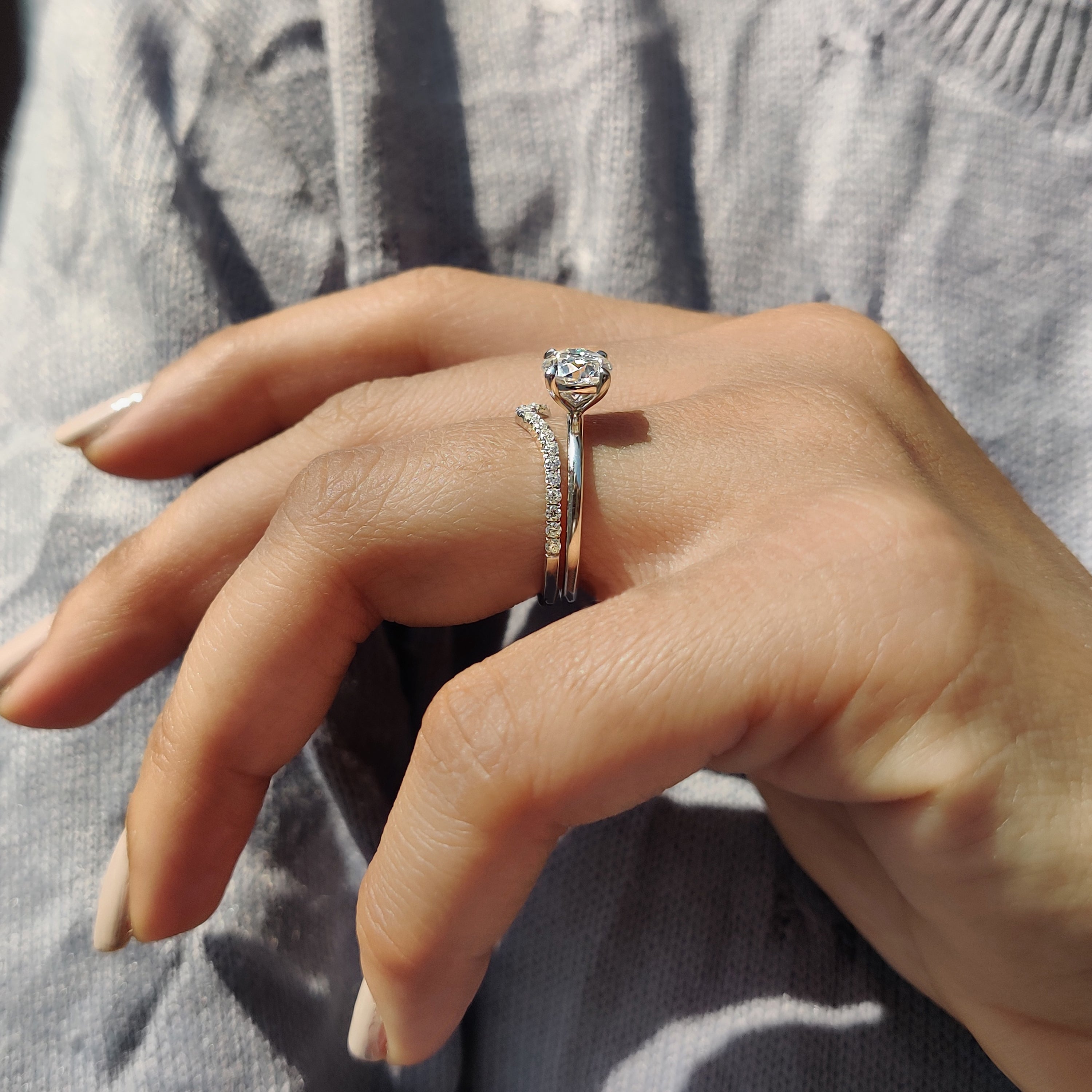 Elegant handmade bridal set with 4 prong claw setting and caratdiamond sparkle.
