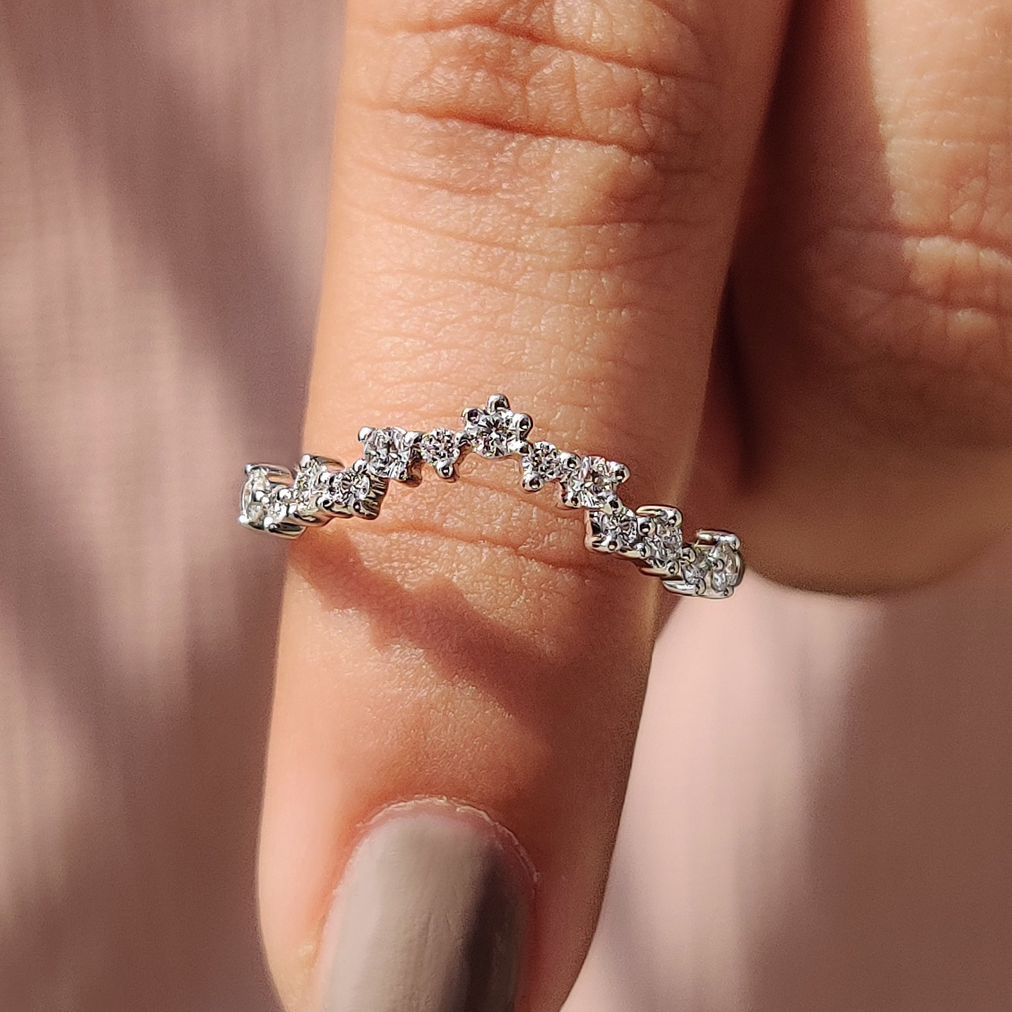 Round cut wedding band with lab grown diamonds in white gold.
