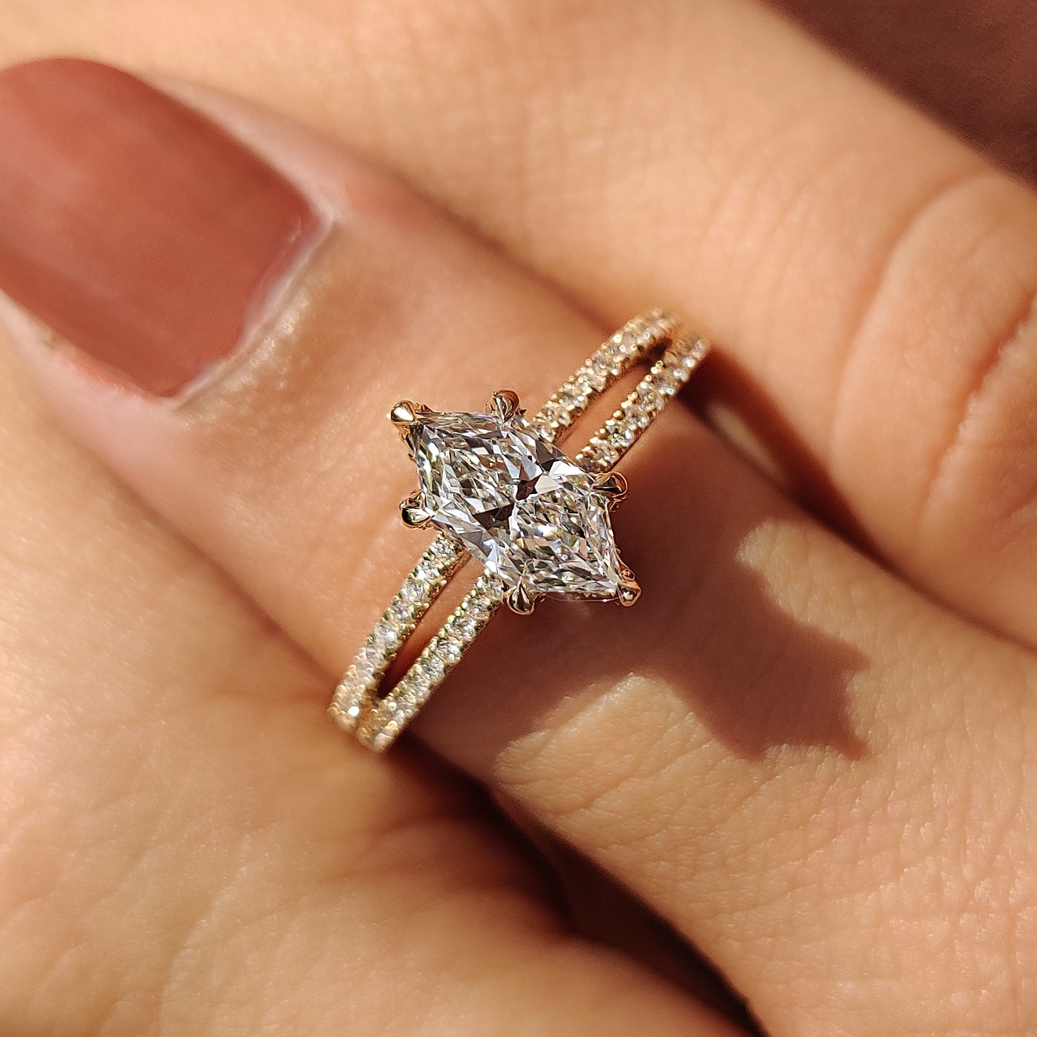 Split shank engagement ring with Dutch marquise engagement ring.