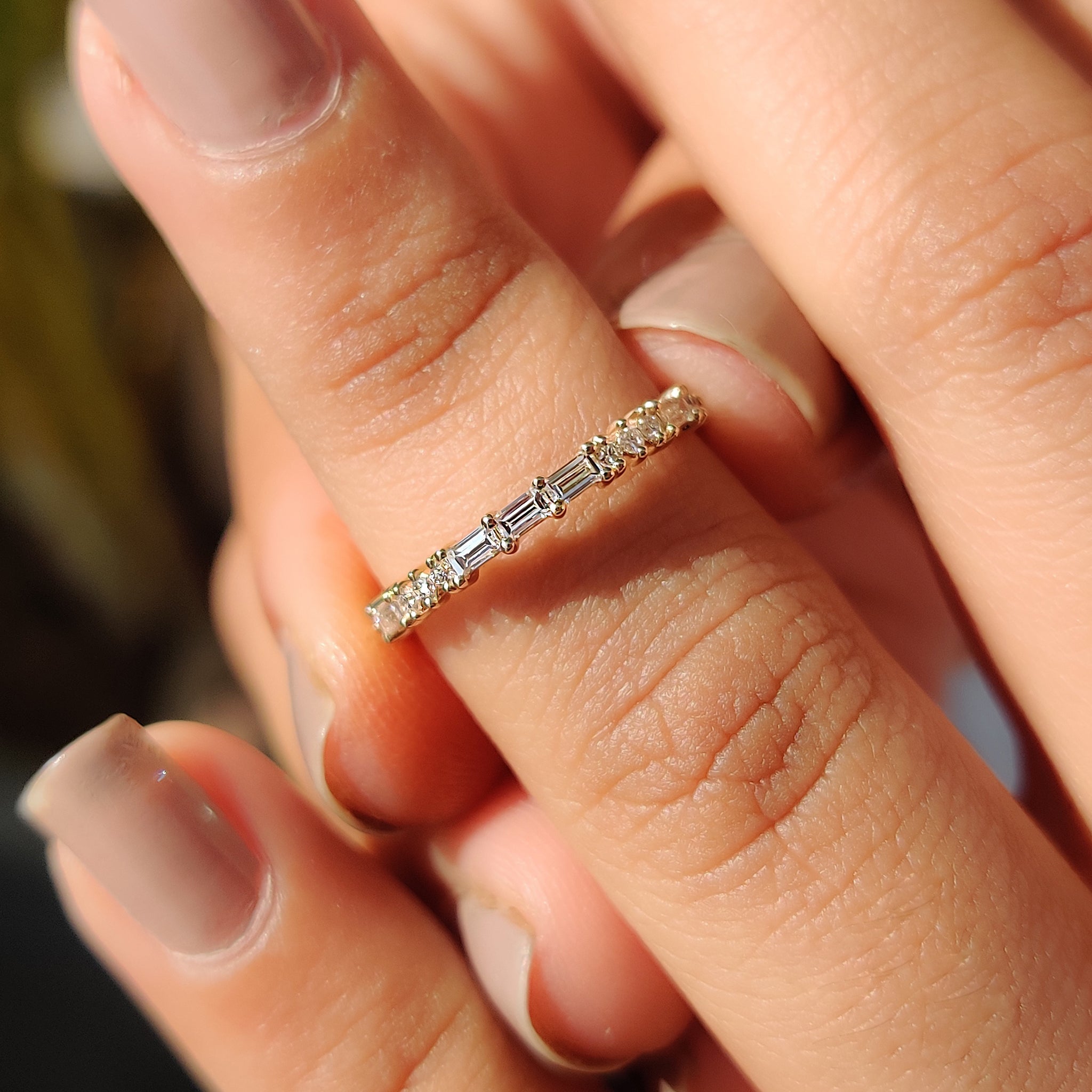 Baguette Diamond Wedding Band round Cut Dimond half eternity band Yellow Gold Wedding Band handmade band.
