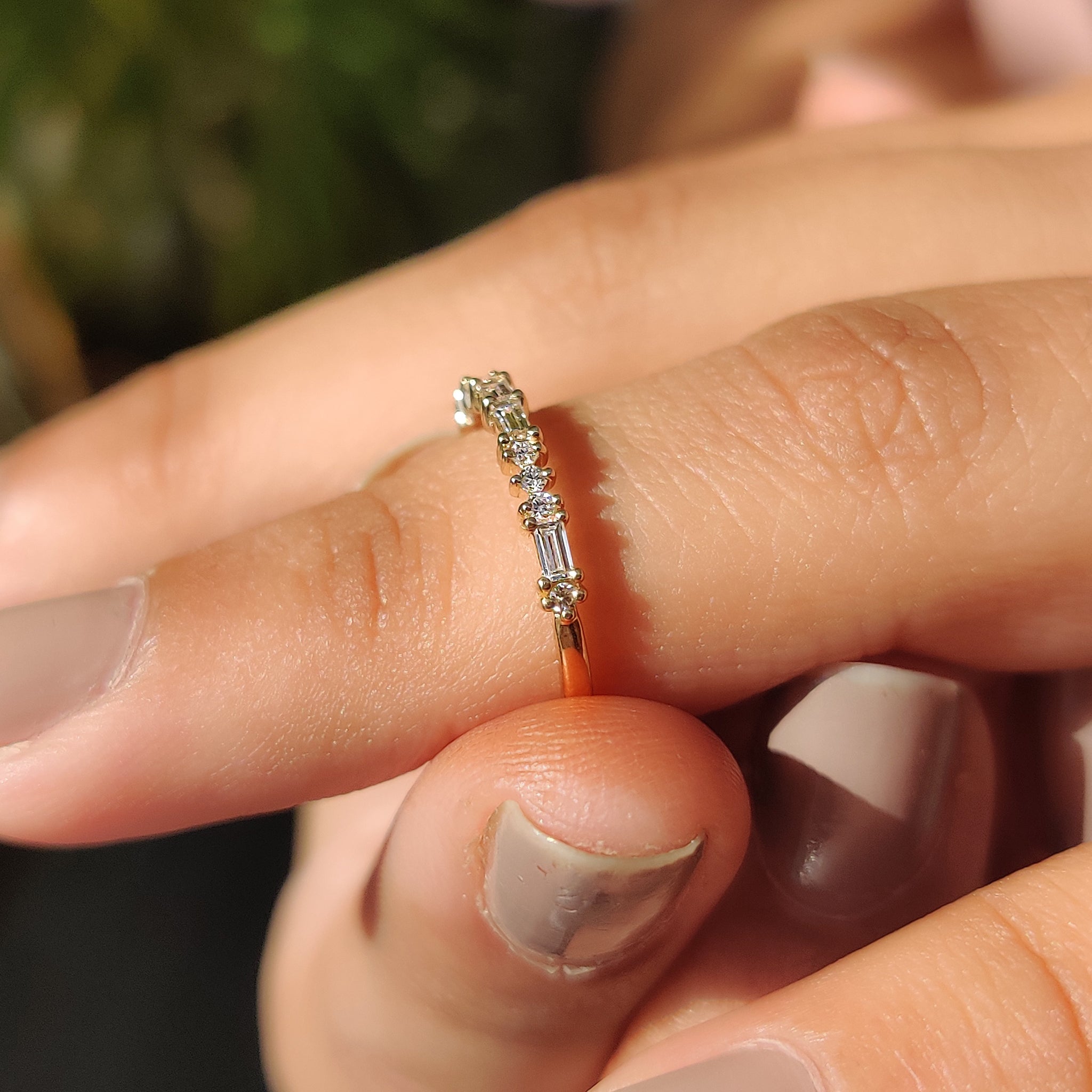 Baguette and round diamond band handmade band half eternity band Yellow Gold Wedding Band Lab Grown Diamond.
